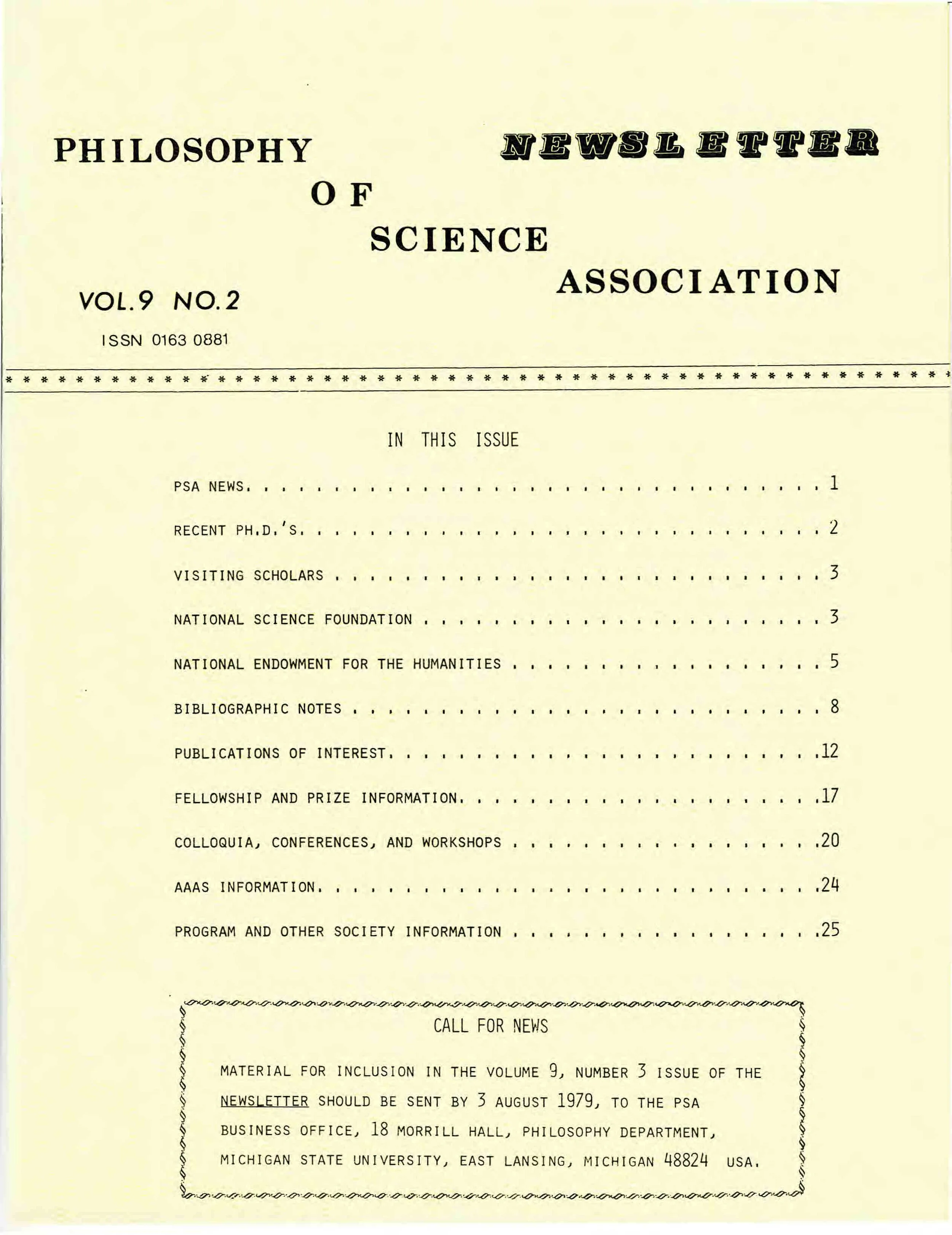Cover PSA Newsletter Vol. 9 No. 2 with table of contents and page numbers