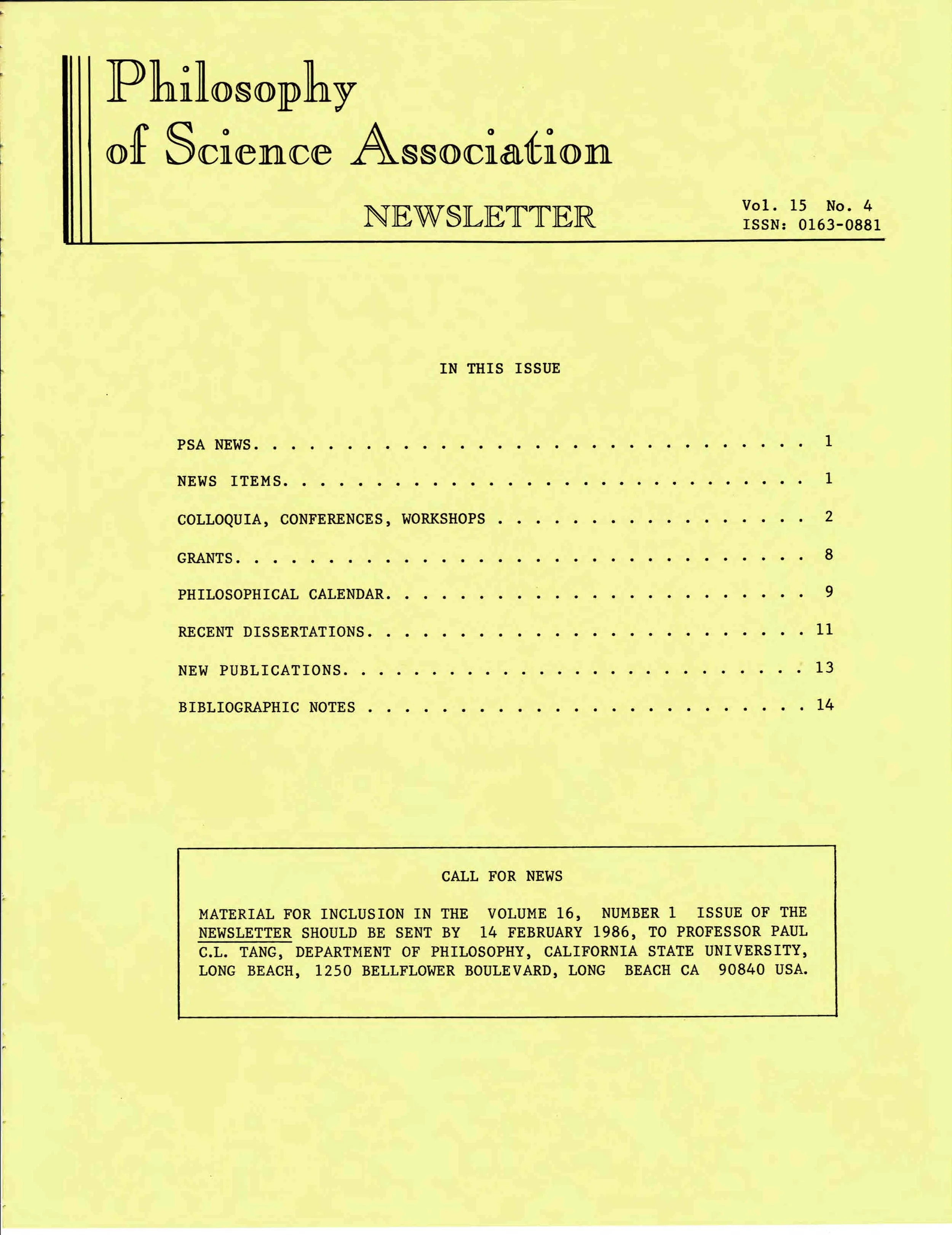 Cover PSA Newsletter Vol.15 No.4 with table of contents and page numbers