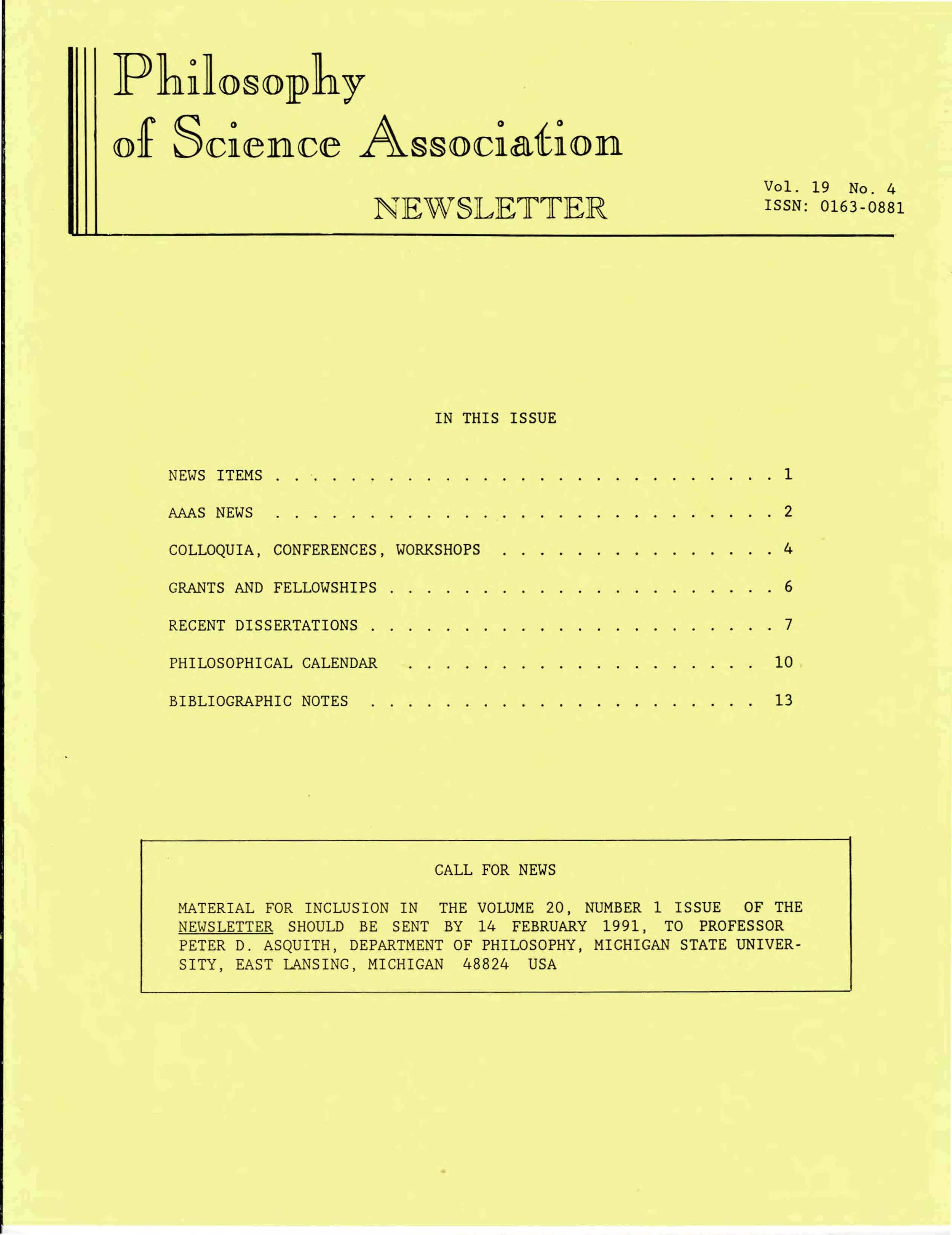 Cover PSA Newsletter Vol.19 No.4 with table of contents and pages