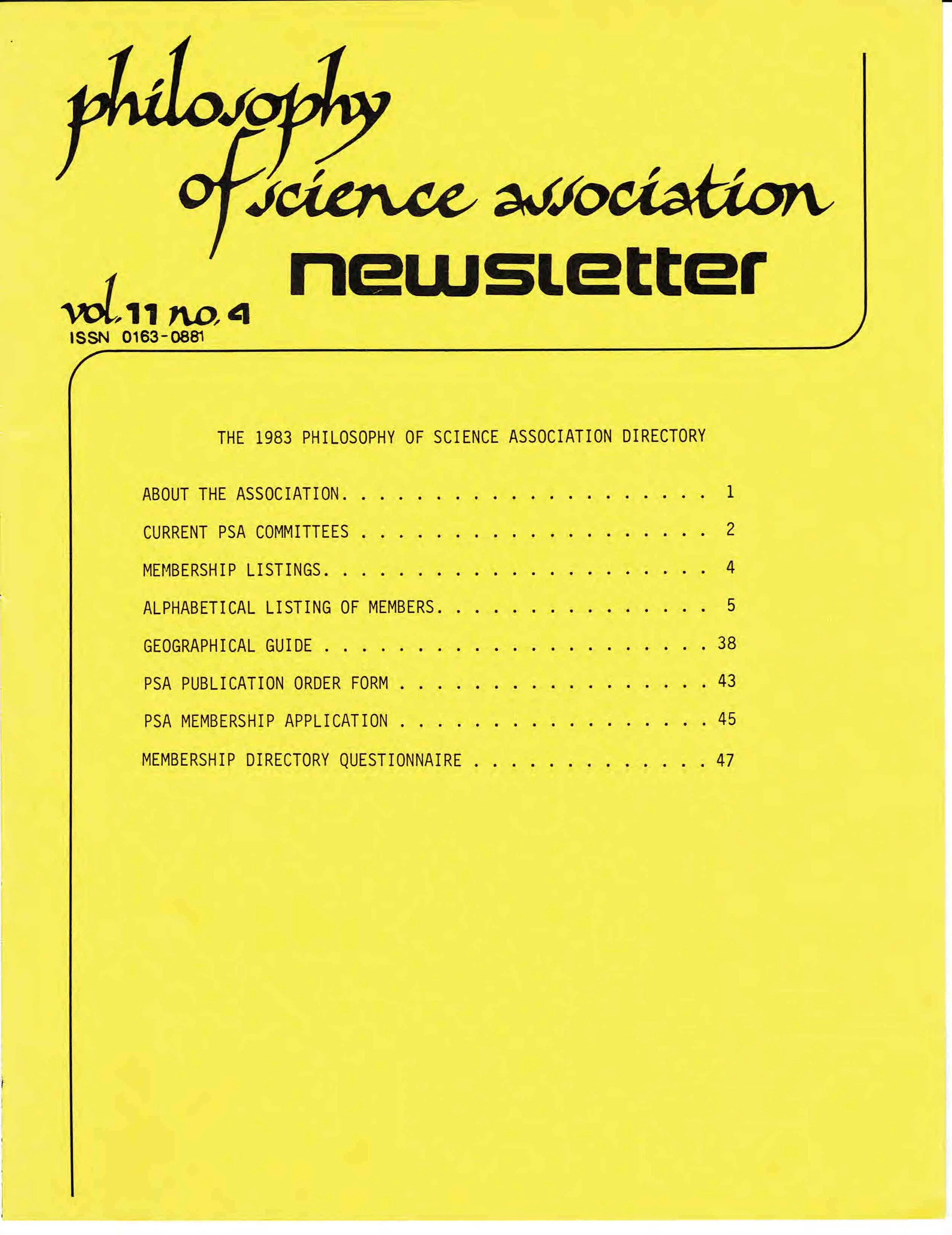 Cover page of the 1983 Philosophy of Science Association newsletter with a yellow background and black text. The title is in a large, stylized font, and a table of contents with page numbers is listed below.