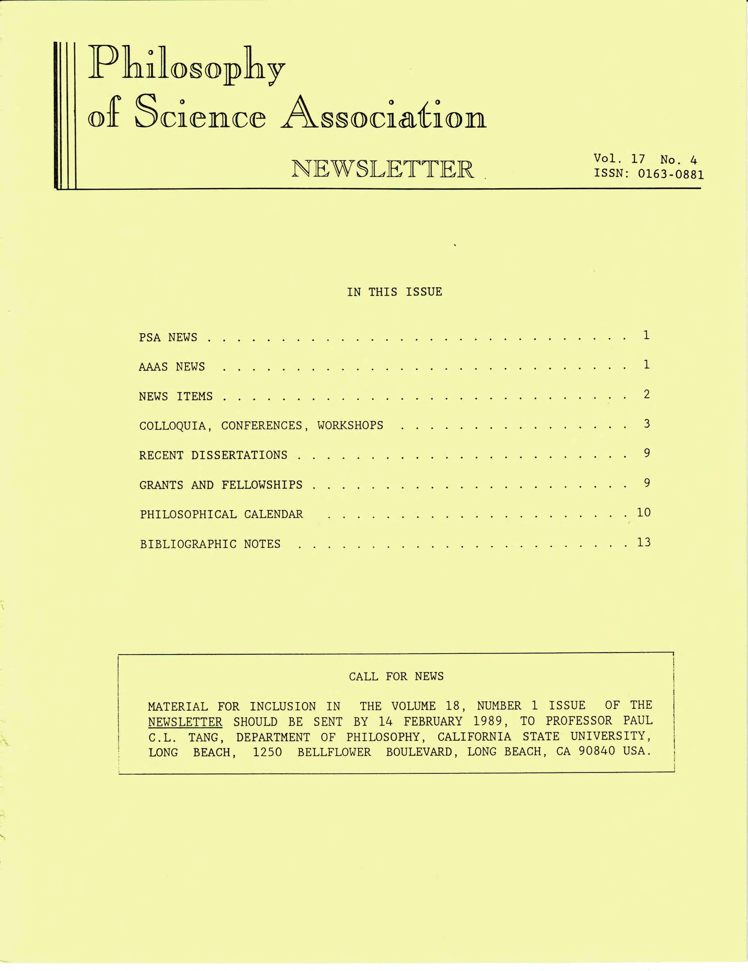 Cover PSA Newsletter Vol.17 No.4 with table of contents and page numbers