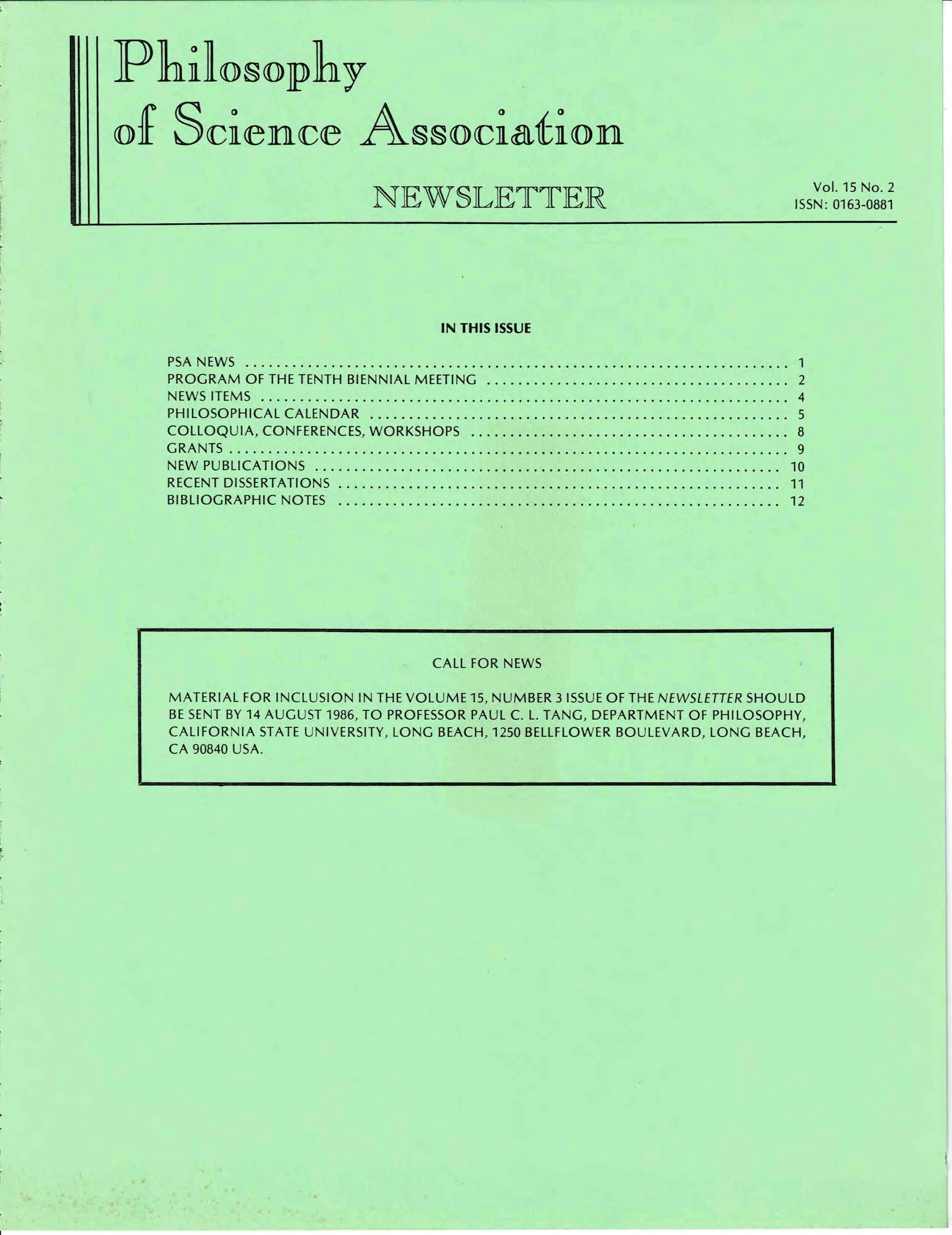 Cover PSA Newsletter Vol.15 No. 2 with table of contents and page numbers