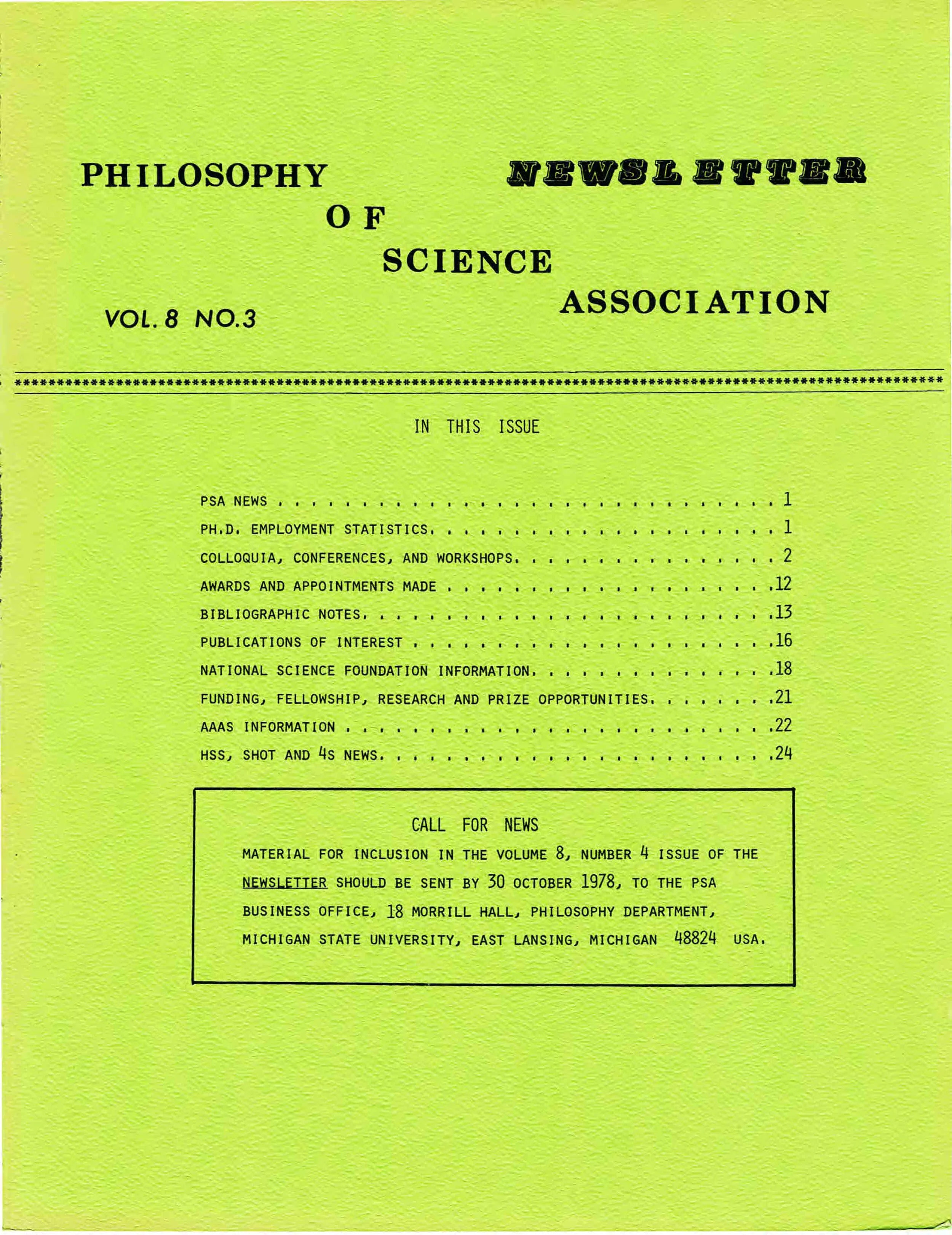 Cover PSA Newsletter Vol. 8 No. 3 with table of contents and page numbers