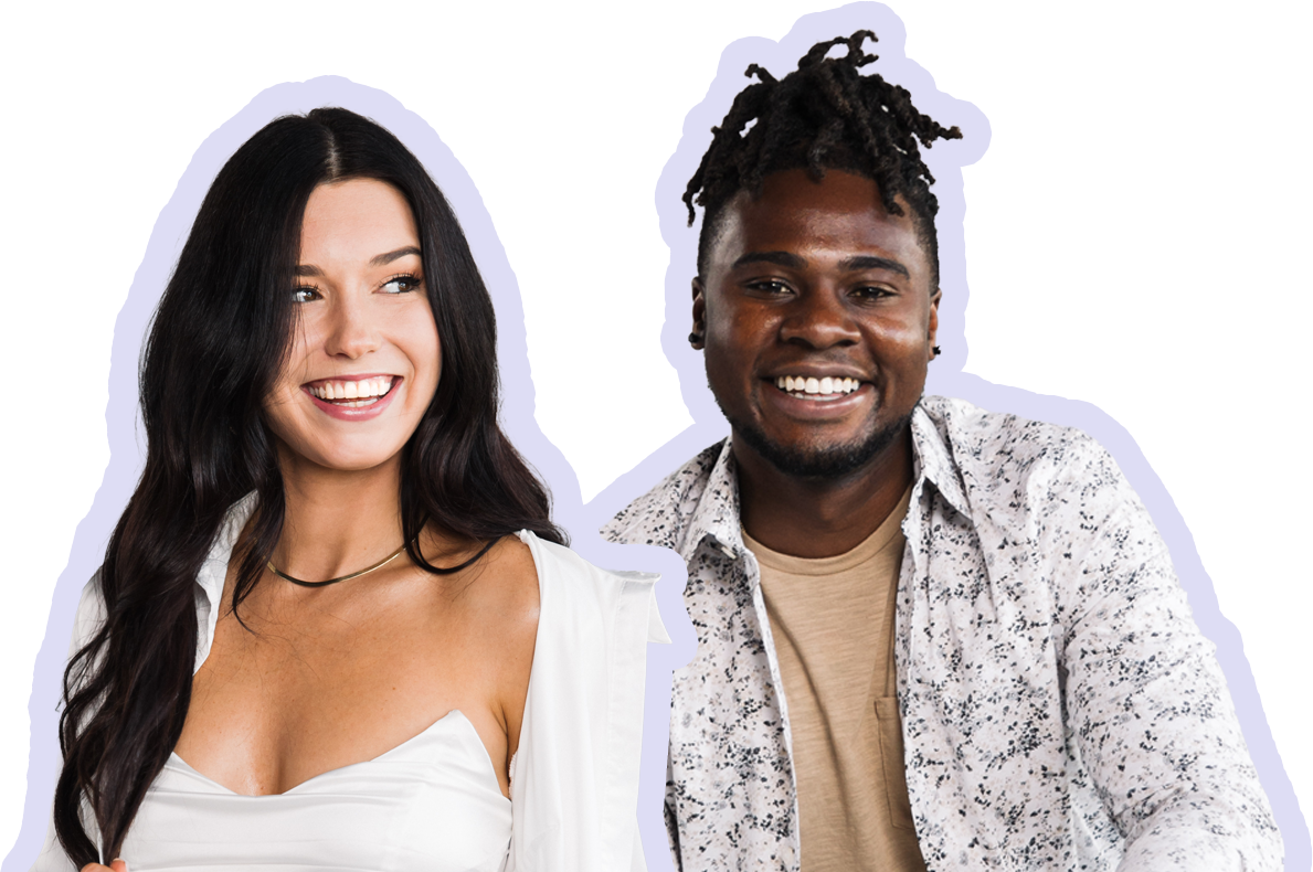 A smiling woman with long dark hair wearing a white top, and a smiling man with short dreadlocked hair wearing a patterned shirt sitting together.