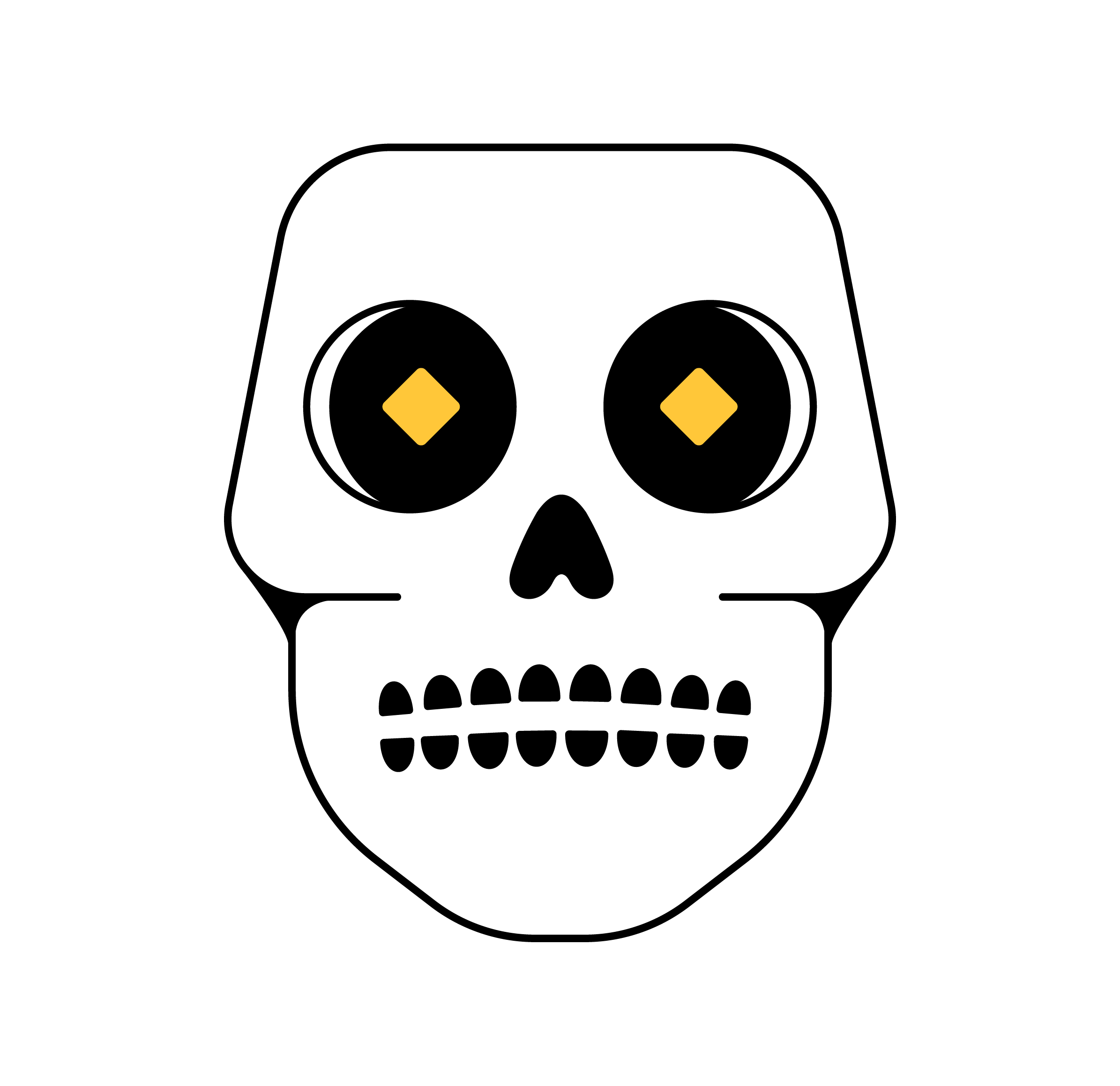 Black background with a white skull illustration that has yellow eyes, resembling a cartoon style.