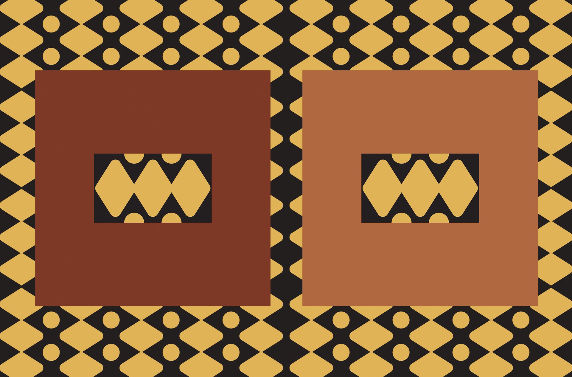 Two brown boxes with black and yellow diamond pattern on the front, placed on a background with a matching black and yellow geometric pattern.
