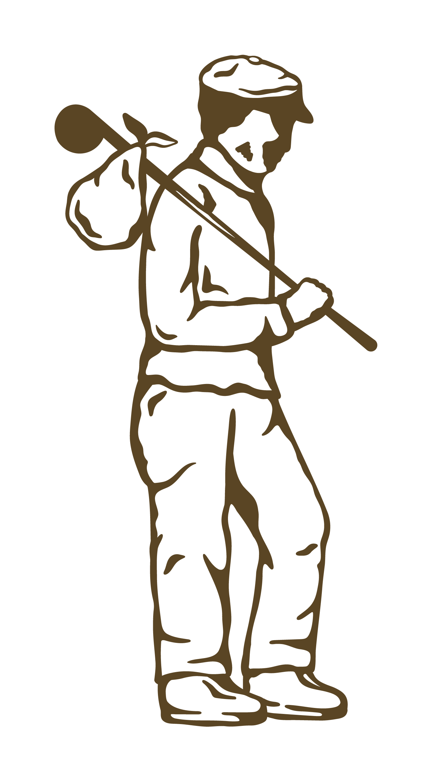 Outline drawing of a hiker with a backpack and walking stick, wearing a hat and hiking boots.