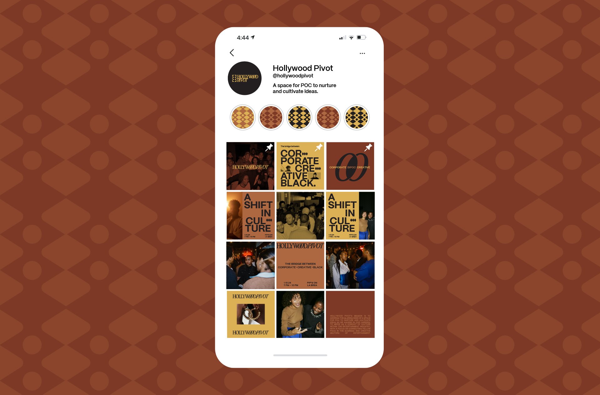 Smartphone screen displaying the Hollywood Pivot social media page with profile picture, bio, and various posts related to cultural and entertainment events, set against a brown patterned background.