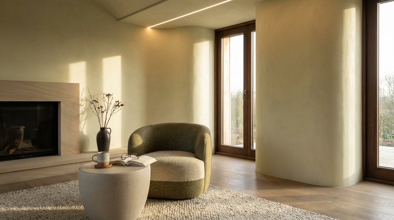 Living room with a curved window wall, a fireplace, a small round table with a vase and book, a green armchair, a rug, and sunlight streaming through the windows.