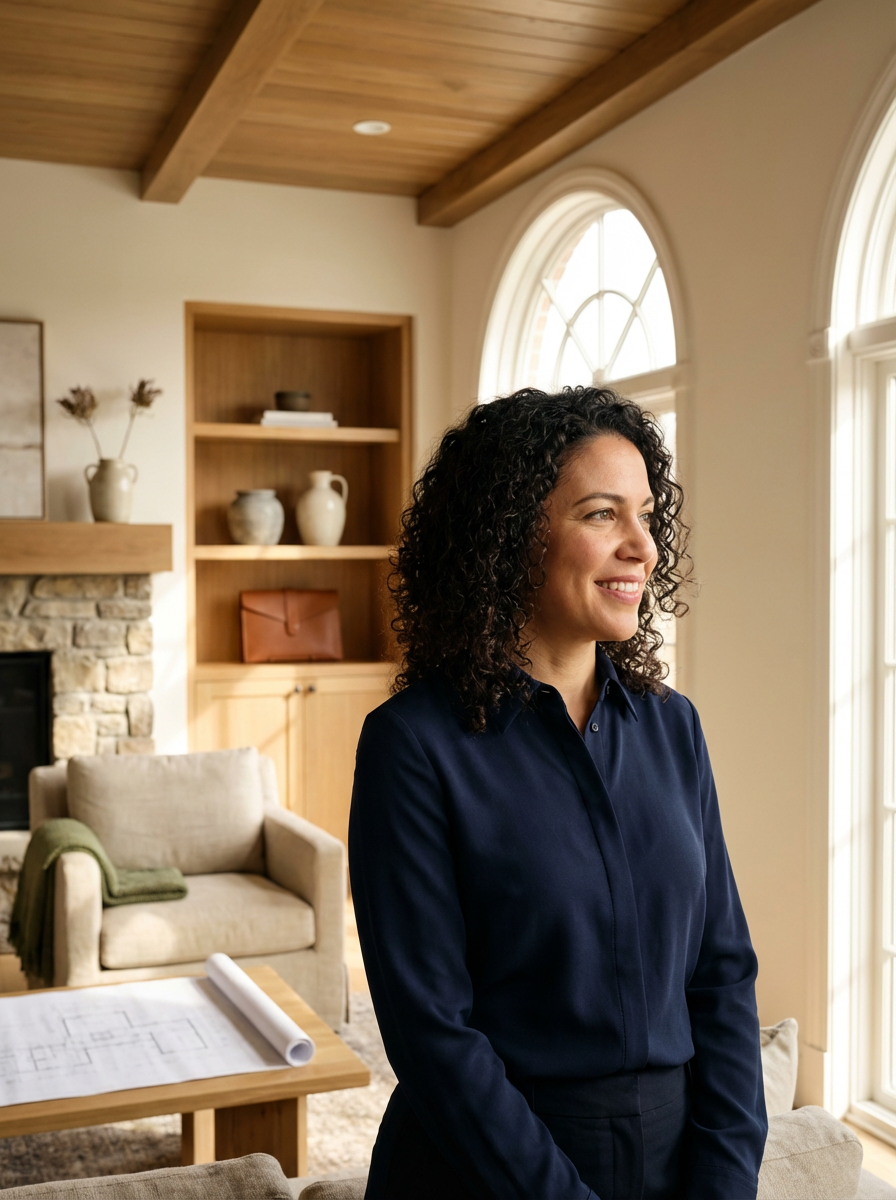 A woman with curly dark hair smiling in a living room with large arched windows, a wooden ceiling, and built-in shelves with decorative vases and books.