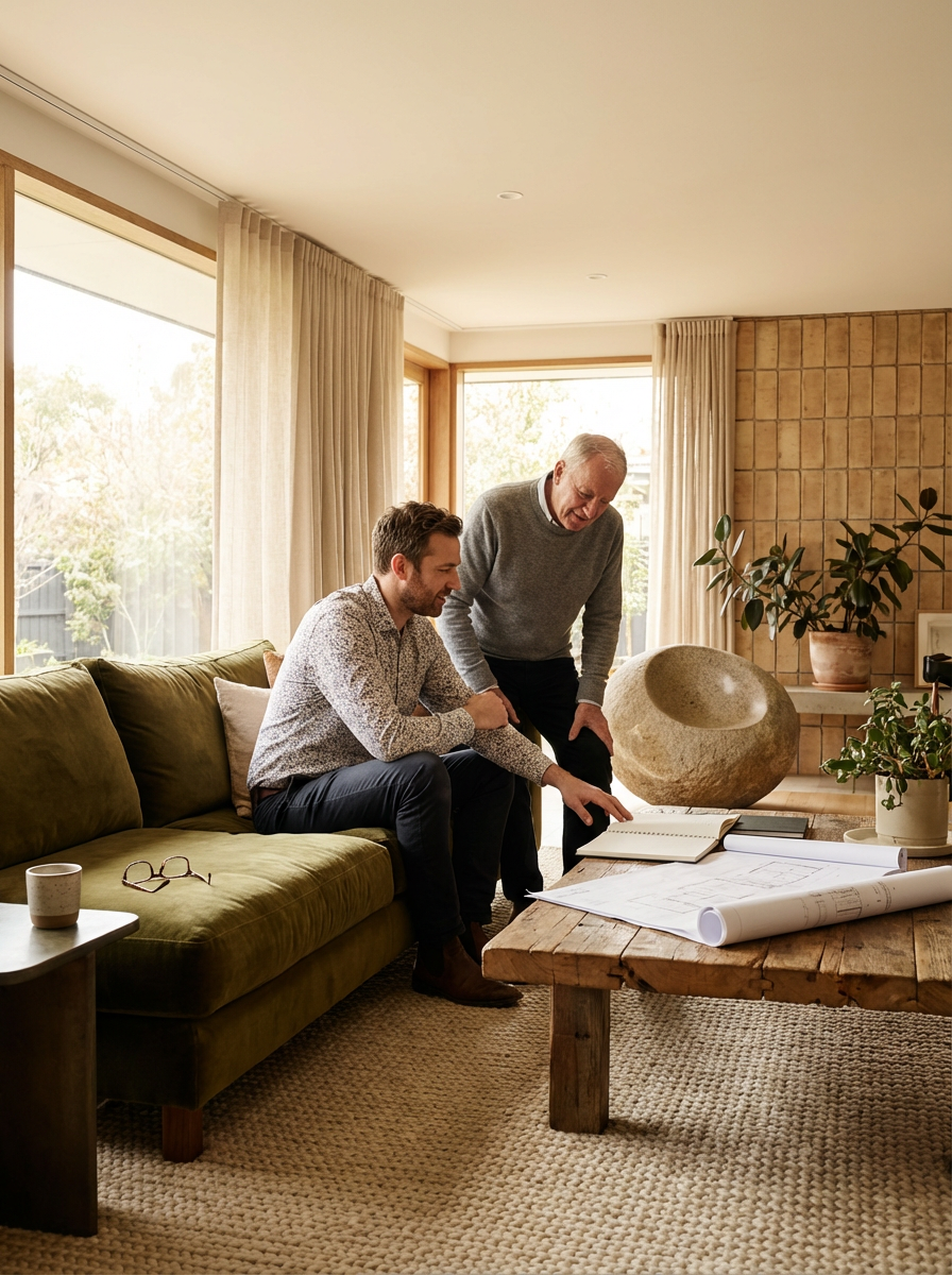 Two men reviewing blueprints and architectural plans on a rustic wooden coffee table in a living room with large windows, beige curtains, potted plants, and a green sofa.