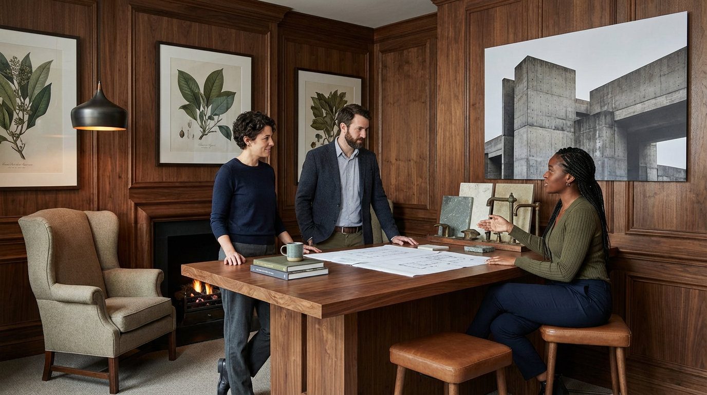 Three people having a discussion in a wood-paneled office, two standing and one sitting at a desk with architectural drawings and samples.