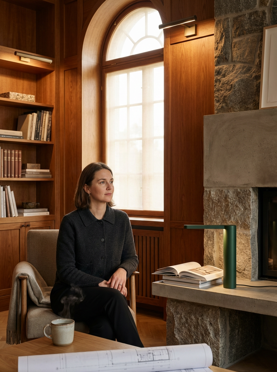 A woman sitting on a beige armchair in a cozy room with wooden walls and a stone fireplace, looking pensively out of a large arched window with sunlight streaming in, surrounded by bookshelves and a coffee table with a steaming mug and open magazines.