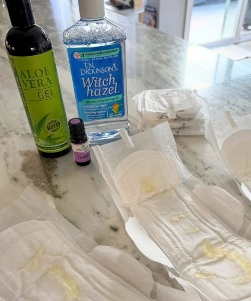 Postpartum padsicles made with aloe vera, witch hazel, and lavender