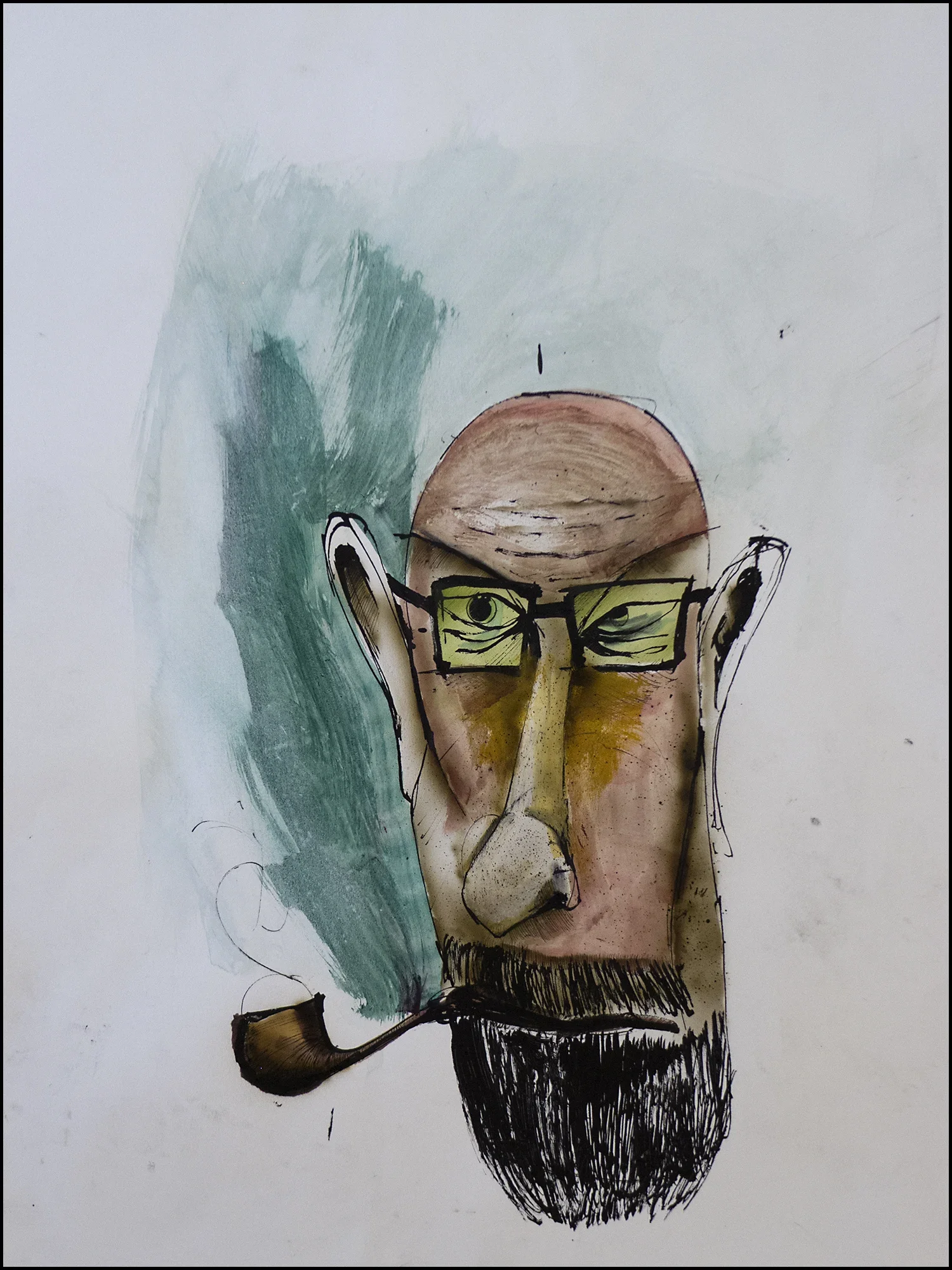 'Bald Man w/ Pipe' | 18" x 24" (45.7cm x 61cm) | Ink, Marker, Water Color on Paper | c.2016