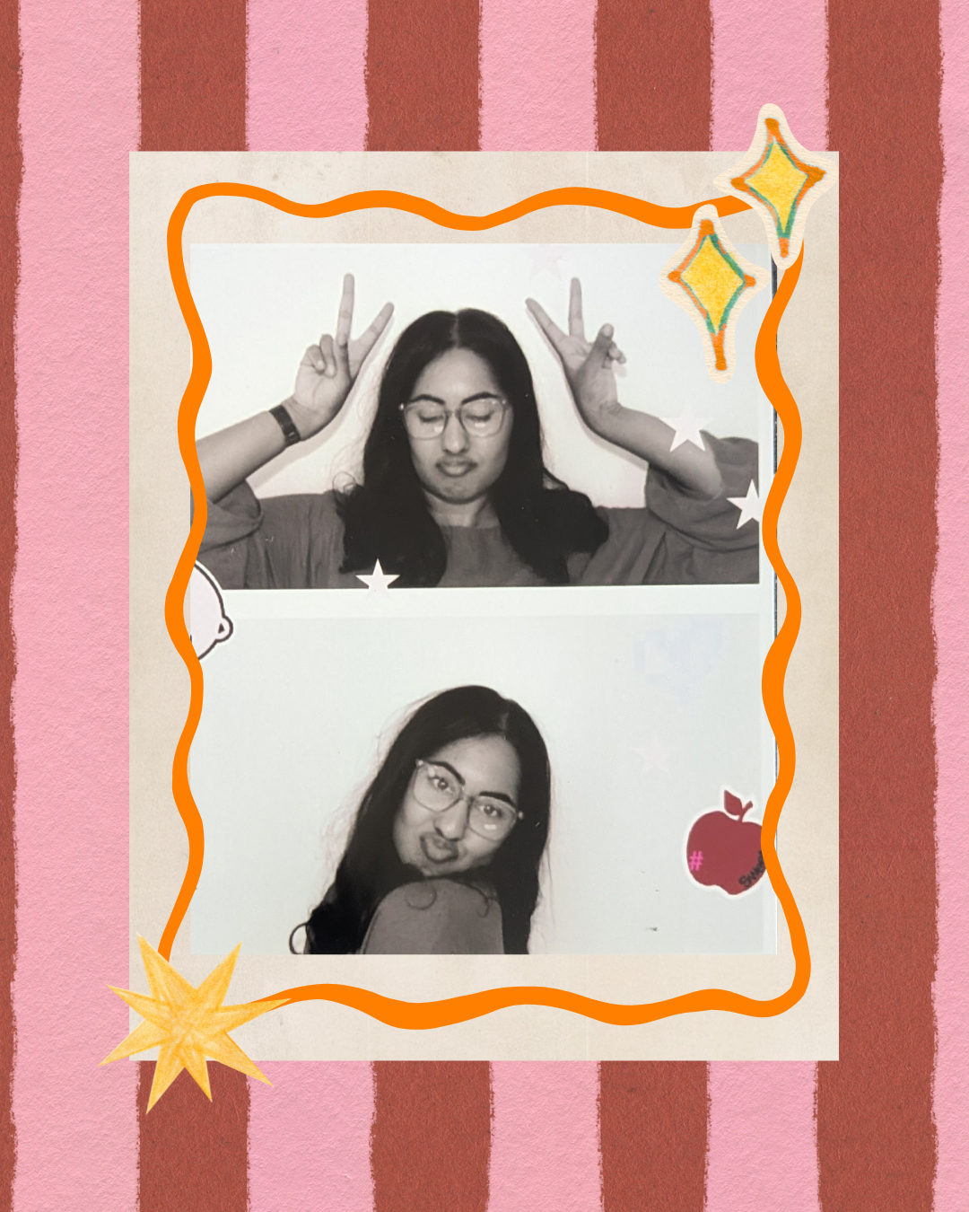 Two black and white photo booth images of a woman with glasses, making playful facial expressions and gestures, surrounded by colorful cartoon stickers on a striped pink and red paper background.