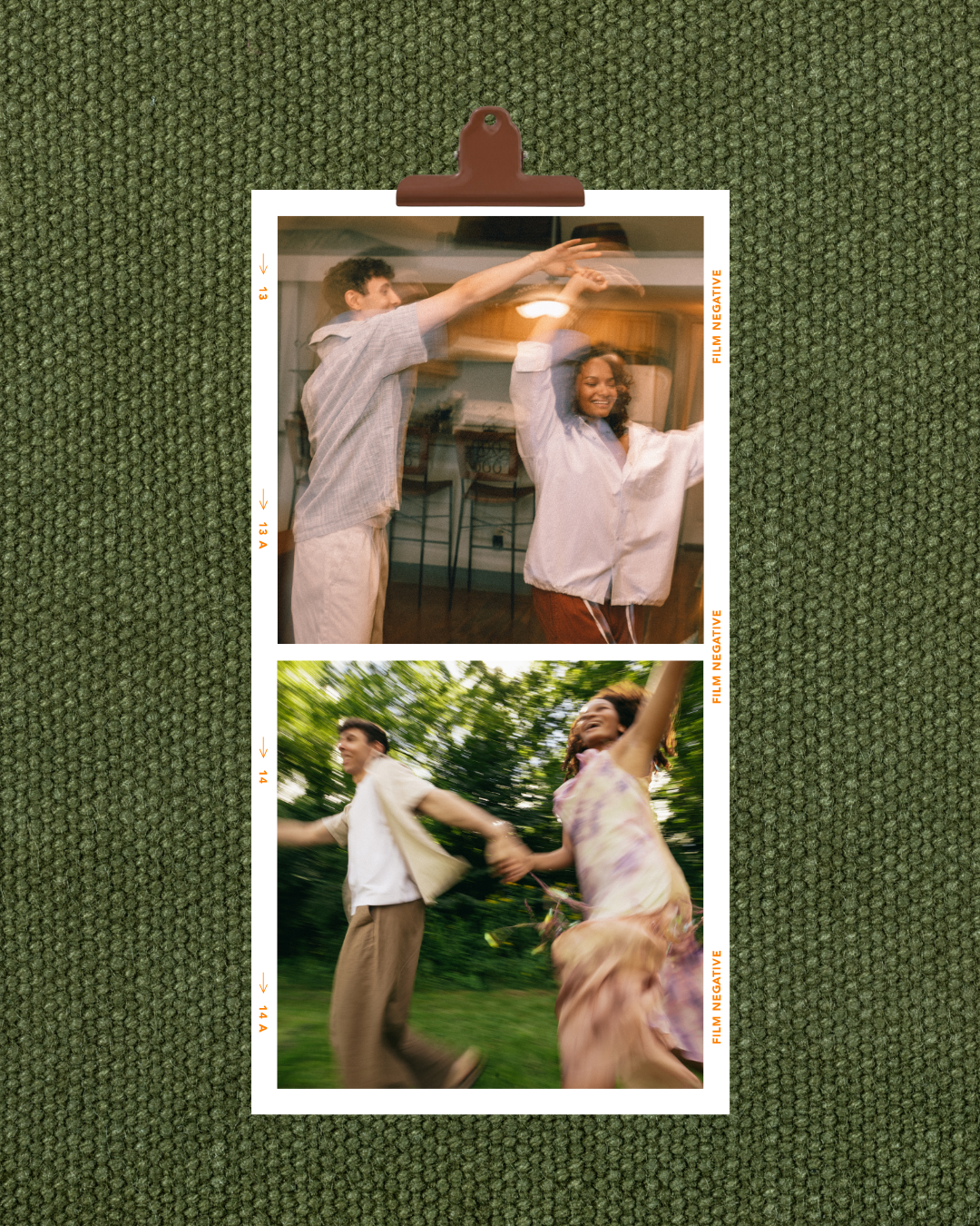 A photo strip with two images showing young couples enjoying time together. The top image shows a man and woman dancing indoors, holding hands and smiling. The bottom image shows a man and woman holding hands outdoors, running through a park with trees in the background.