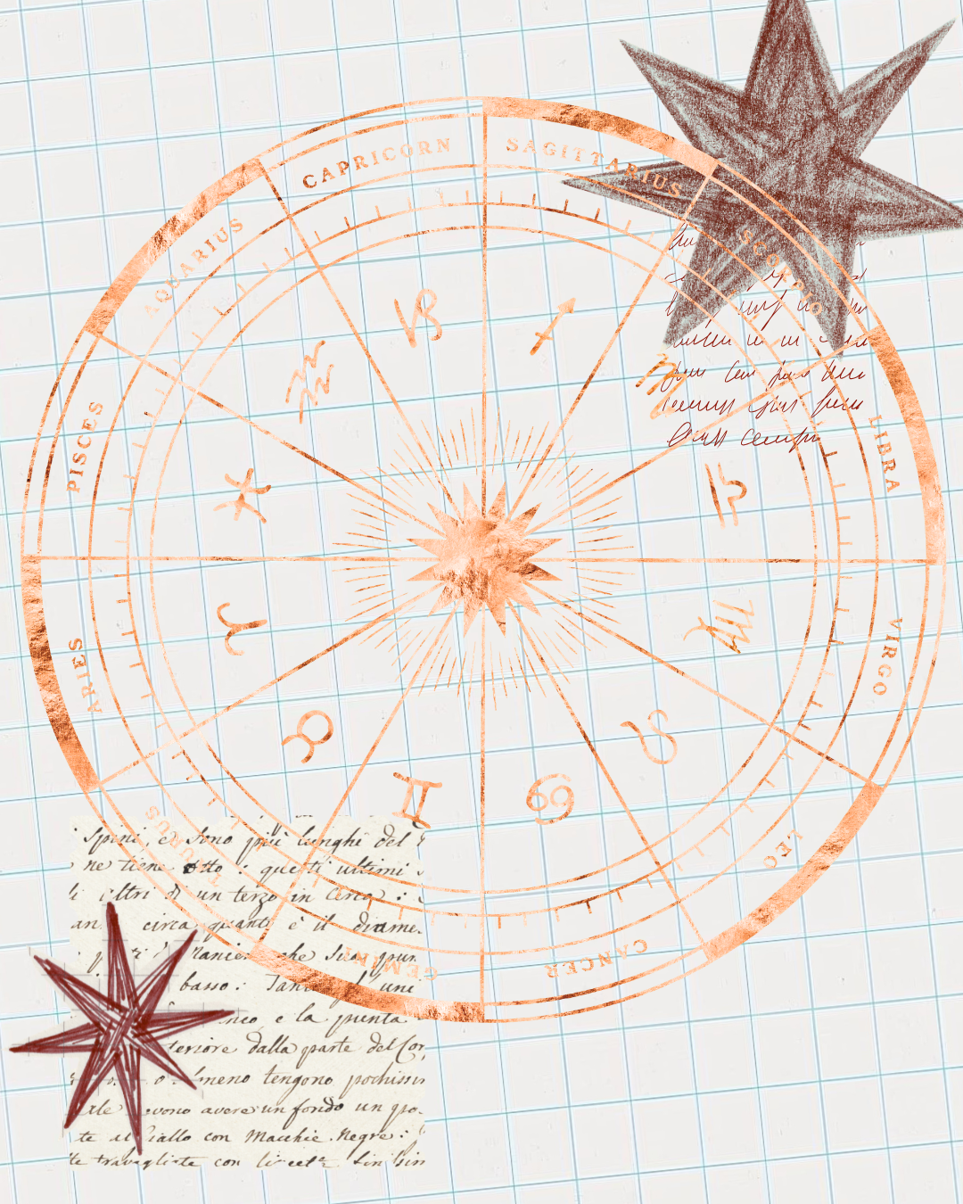 A vintage-style orange star chart sketch overlaid on grid paper with handwritten notes, featuring a large star graphic and two smaller star illustrations.