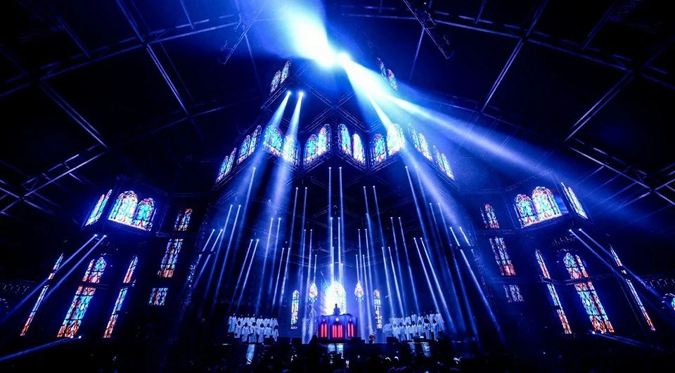 An illuminated church set design during DJ Tchami's Coachella 2016 set featuring animations created by Kyle Van Osdol.