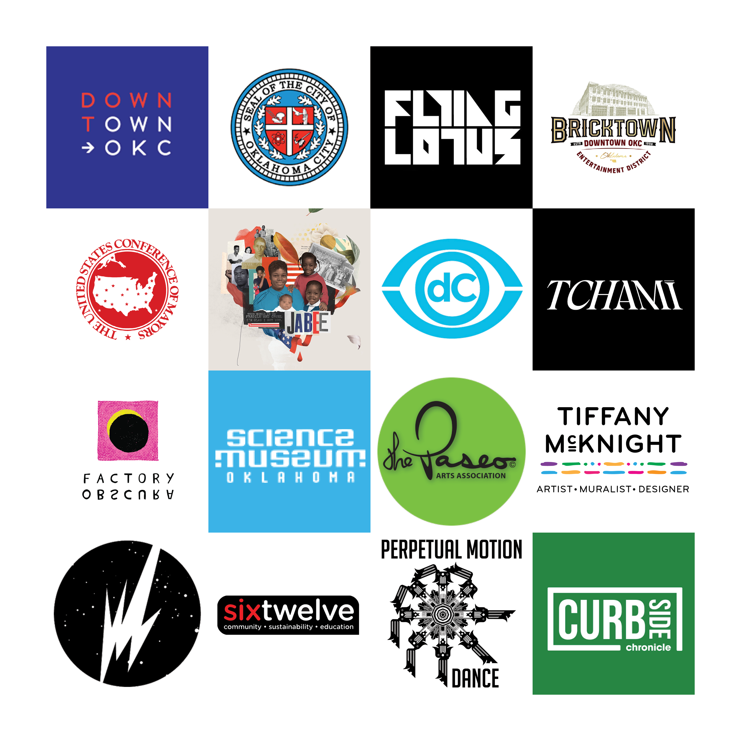 Collage of various logos and symbols representing community, culture, and organizations in Oklahoma City.