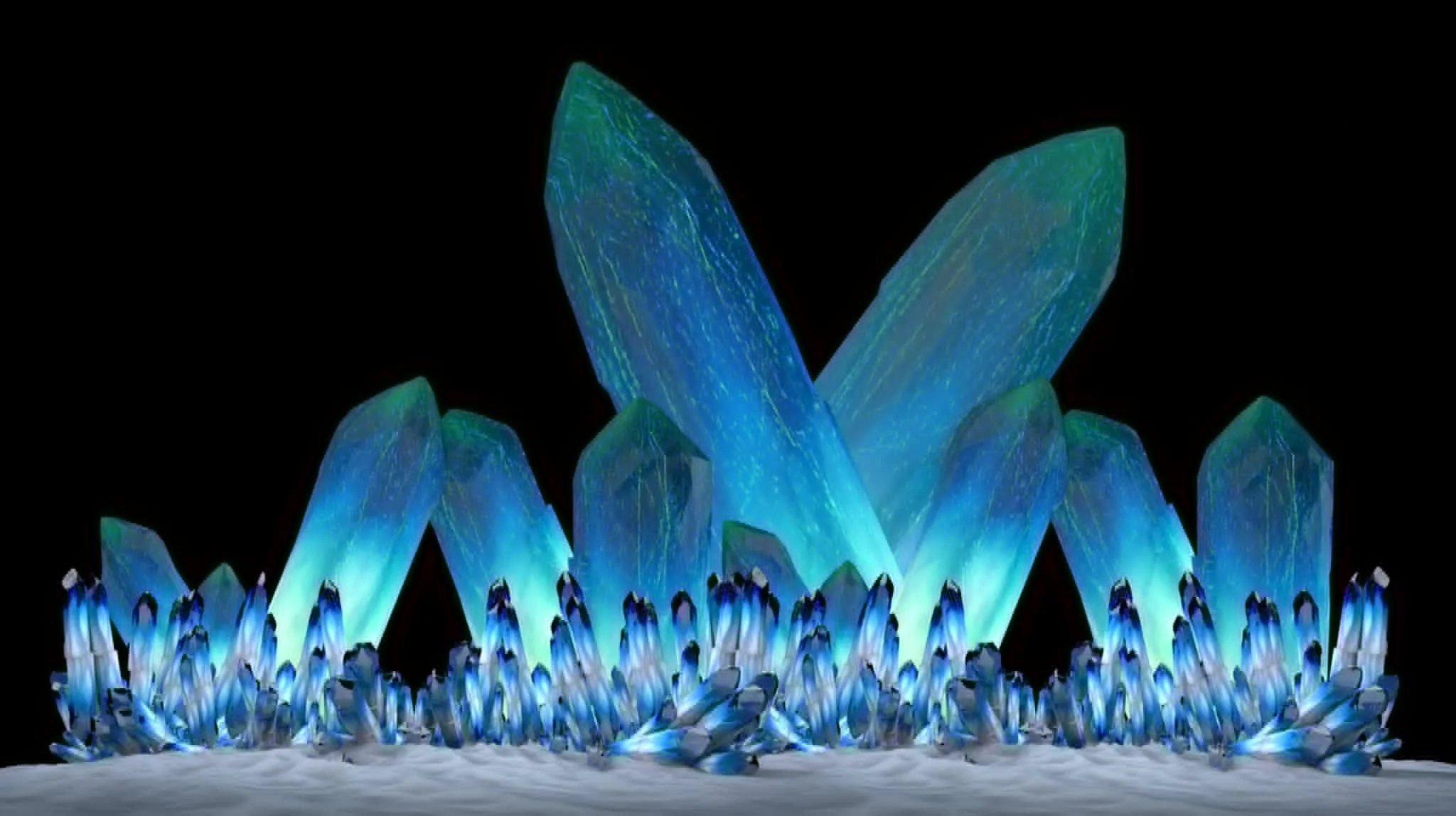 Blue and green glowing crystals arranged in a formation against a black background designed by Kyle Van Osdol.