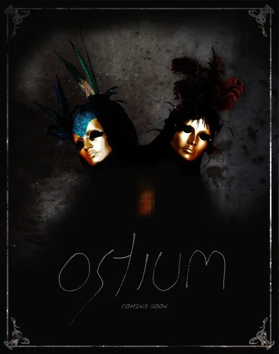 Dark promotional poster for a show titled "Ostium" with two theatrical masks wearing elaborate feathered headdresses and makeup, set against a textured dark background.