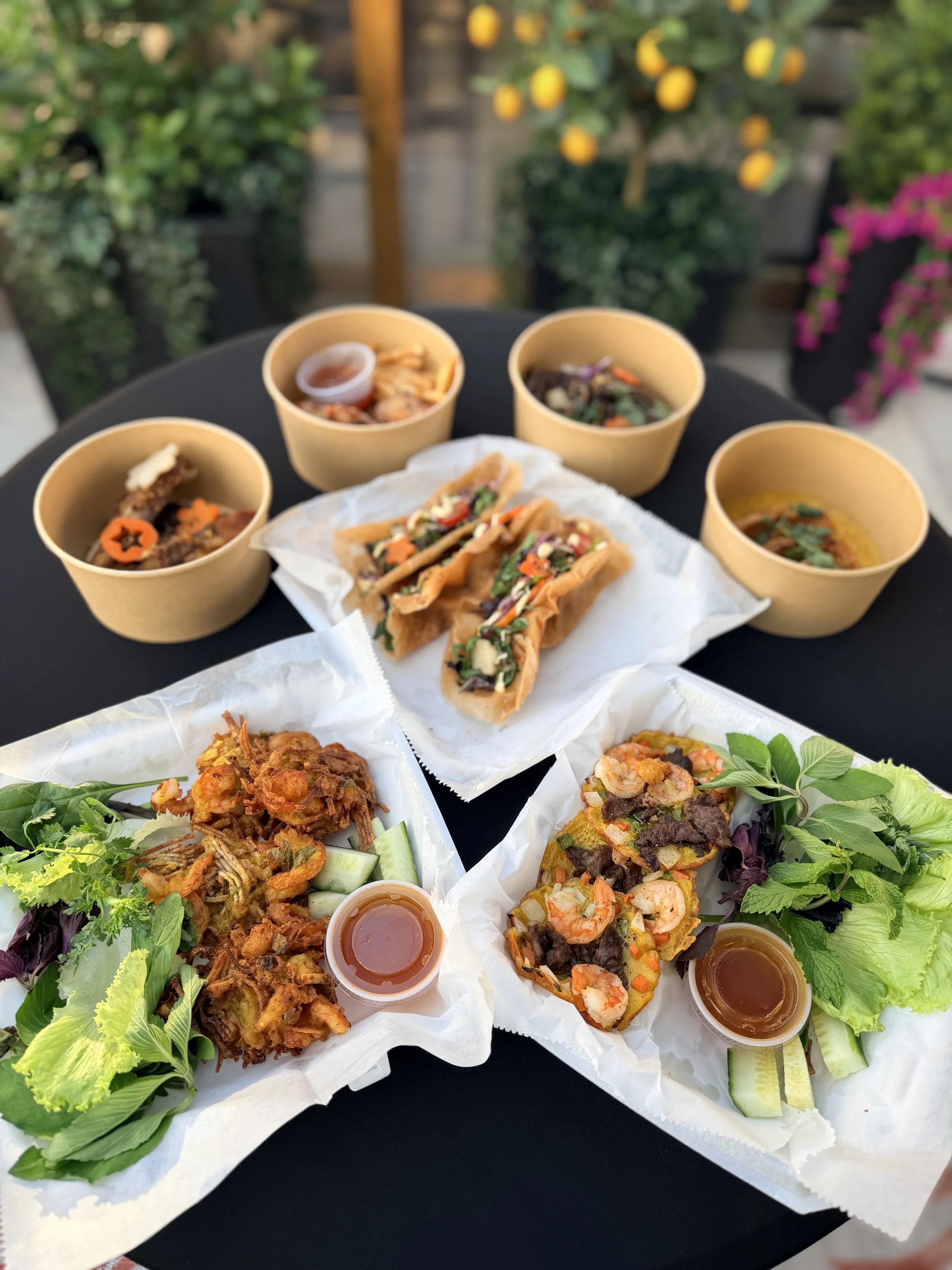 Tray of assorted Asian dishes including spring rolls, fried vegetables, and small cups of dipping sauces, garnished with fresh greens, cucumber, and herbs, with a background of potted plants.