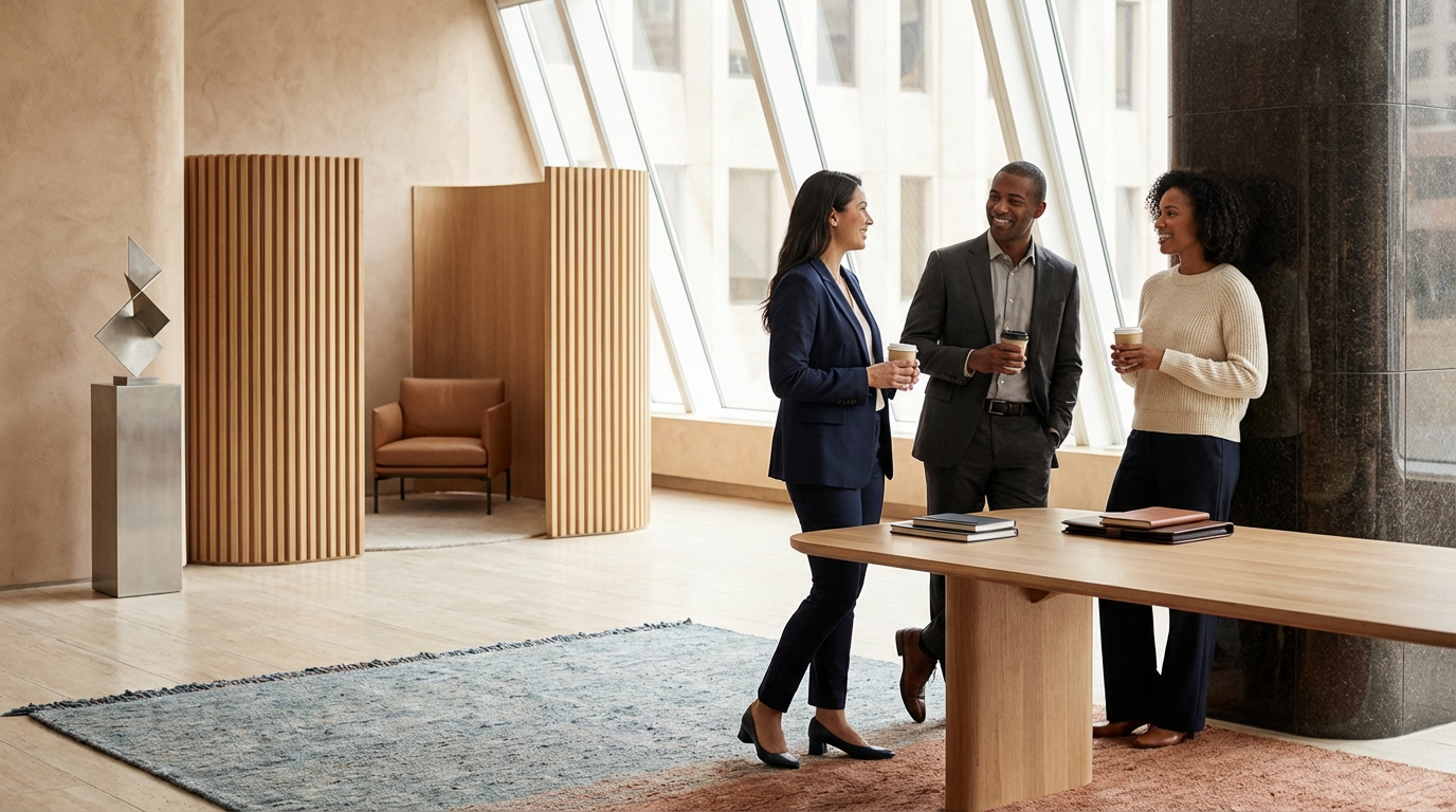 Three business professionals standing and talking in a modern office lobby, holding coffee cups, with a large window in the background and a wooden table with folders in front of them.
