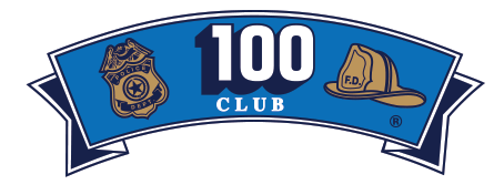 A logo for the 100 Club featuring police and firefighter symbols, with a blue banner and white text.