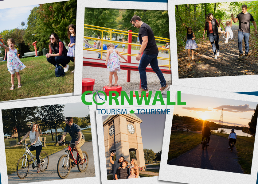 Collage of people enjoying outdoor activities in Cornwall, including children playing, adults walking, riding bikes, and a sunset view by the river.
