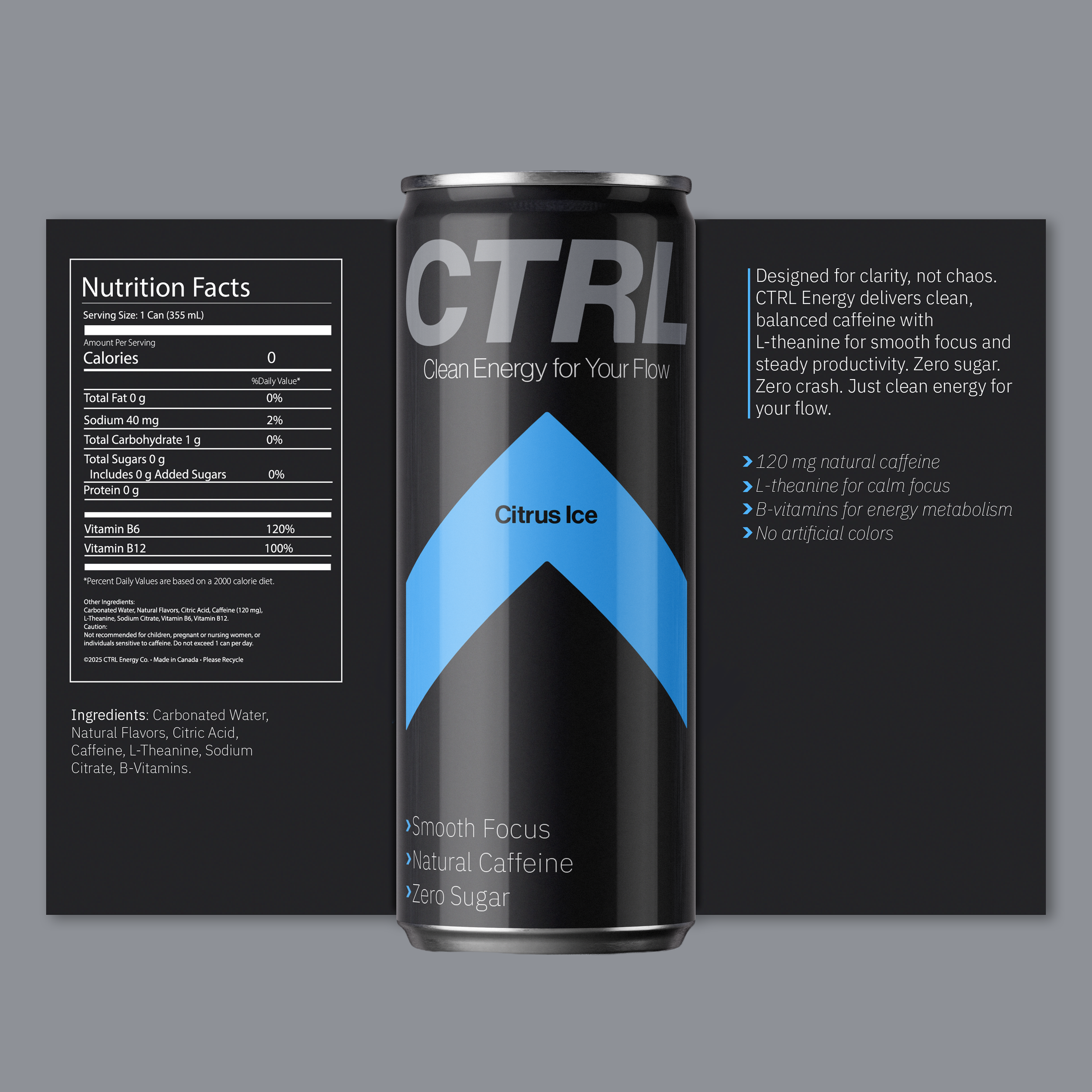 A black energy drink can with blue and gray accents, front label displaying the brand name and product information, and nutrition facts panel visible on the left side. The can is set against a plain gray background.
