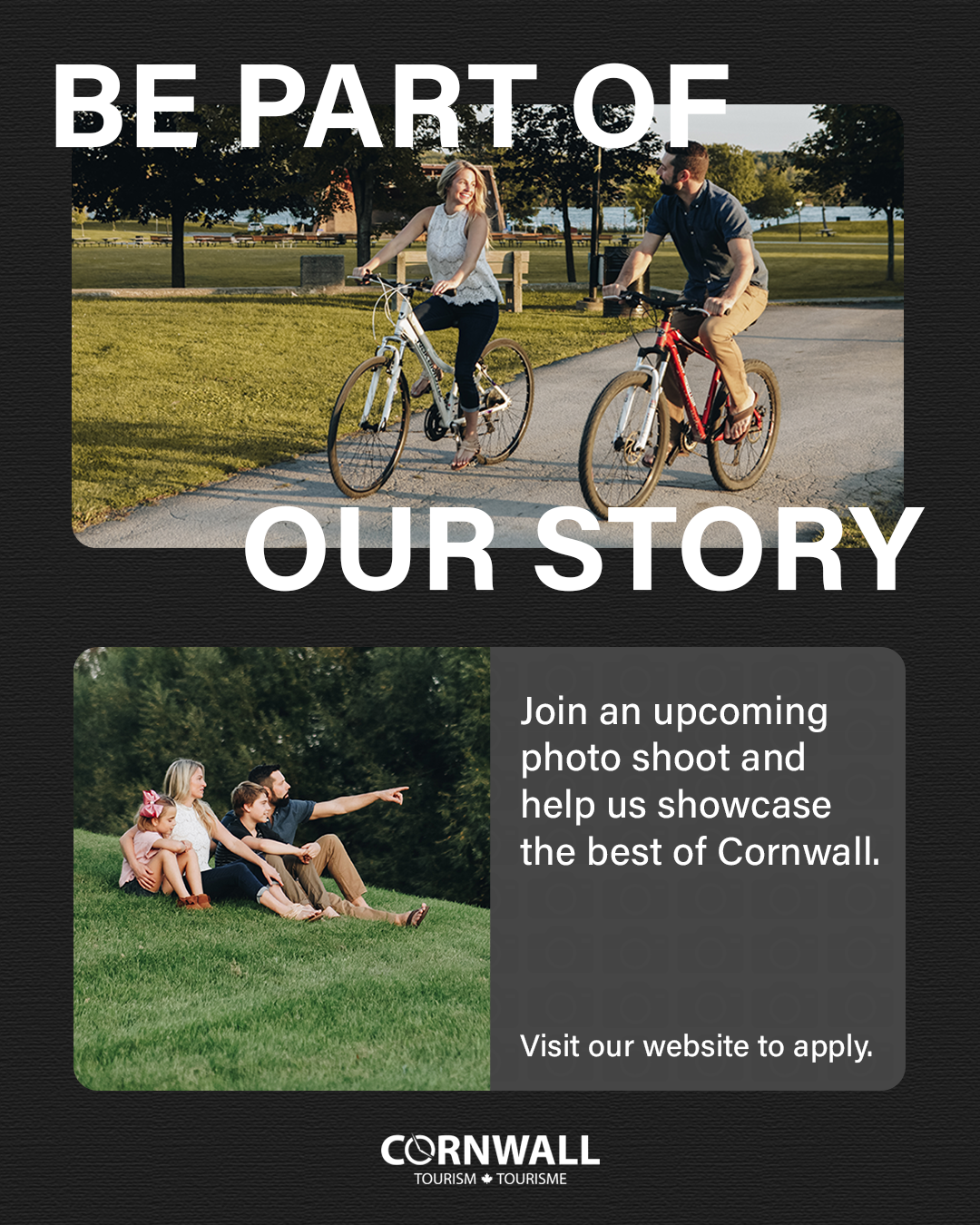 A promotional poster featuring two photos: one of a woman and a man riding bikes in a park under trees, and another of a family sitting on grass, with a person pointing. The poster invites viewers to join a photo shoot to showcase Cornwall.