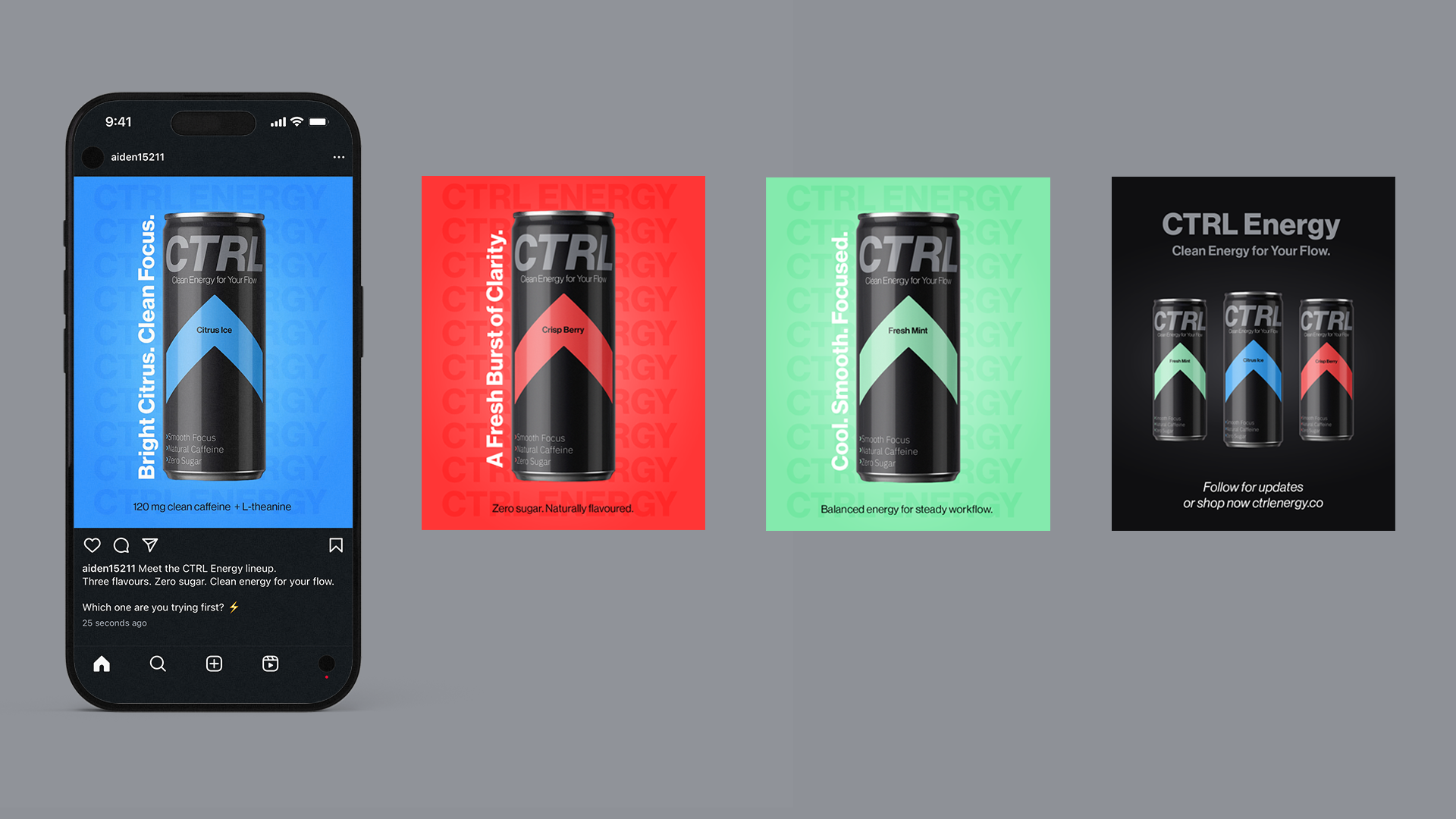 Display of three CTRL Energy drink cans in different flavors—Citrus Ice, Crisp Berry, and Fresh Mint—along with a promotional poster showing all three cans and branding details.