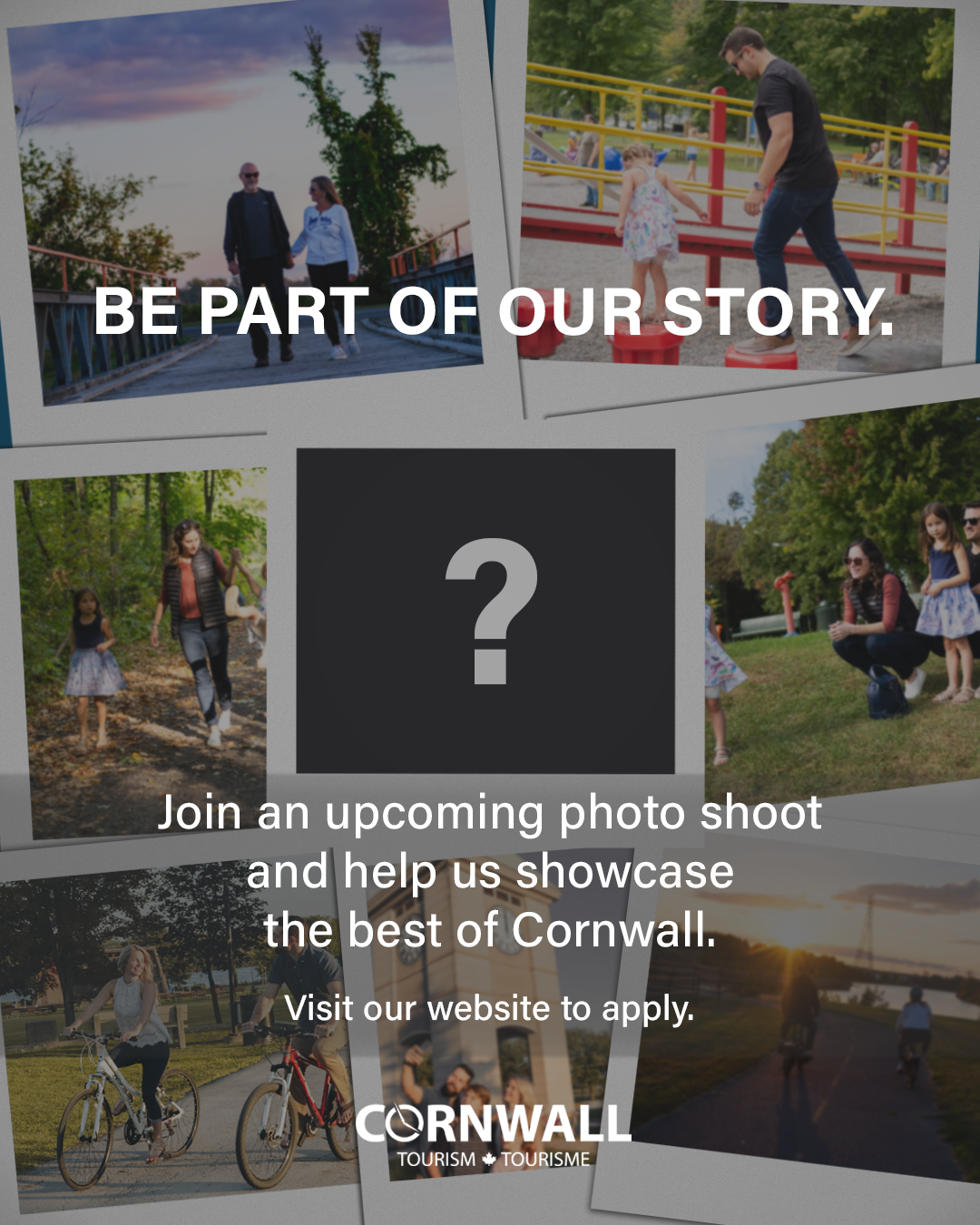 Collage of outdoor scenes in Cornwall, including families walking, children playing, and biking, with the text 'Be part of our story. Join an upcoming photo shoot and help us showcase the best of Cornwall. Visit our website to apply.'