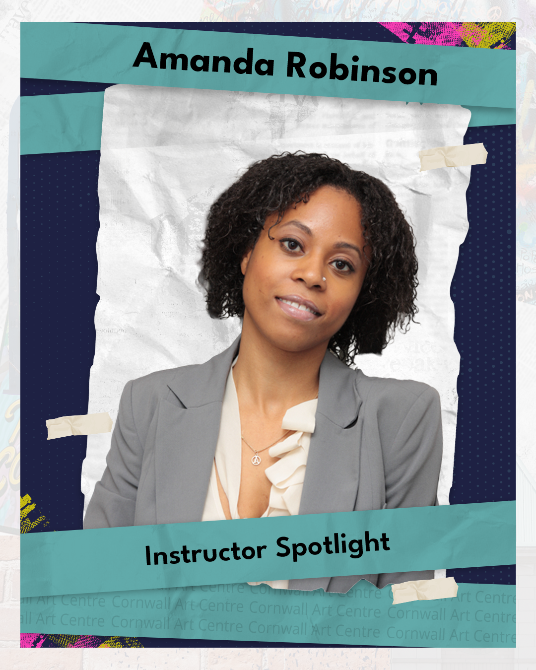 Photograph of Amanda Robinson, an instructor, in a professional gray blazer with a white blouse, slightly smiling, with dark curly hair, wearing a necklace with a peace sign pendant, in front of a graphic design background with text that reads 'Amanda Robinson' and 'Instructor Spotlight'.