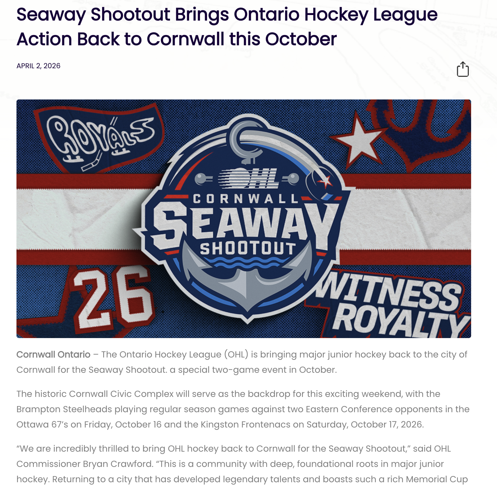 Promotional banner for the Seaway Shootout hockey event featuring the Ontario Hockey League (OHL) logo, the Cornwall Seaway Shootout logo, and images of a hockey jersey with the number 26, and sports graphics.