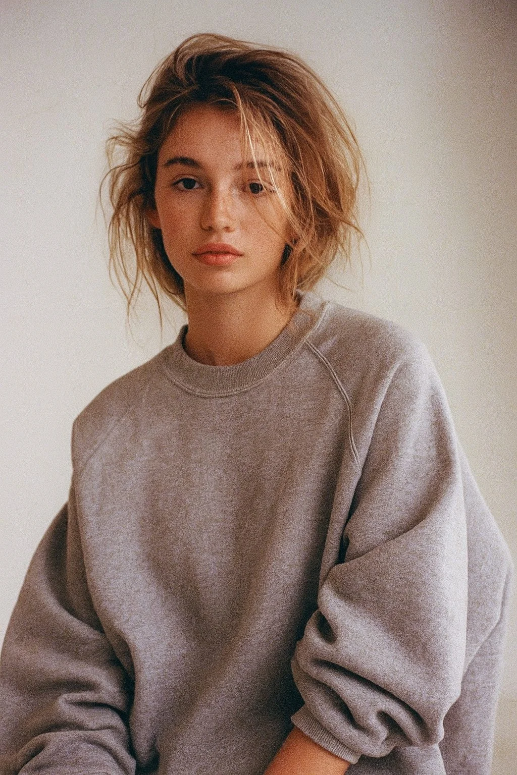 A young woman with short, tousled blonde hair wearing a gray sweatshirt, looking at the camera with a neutral expression against a plain background.
