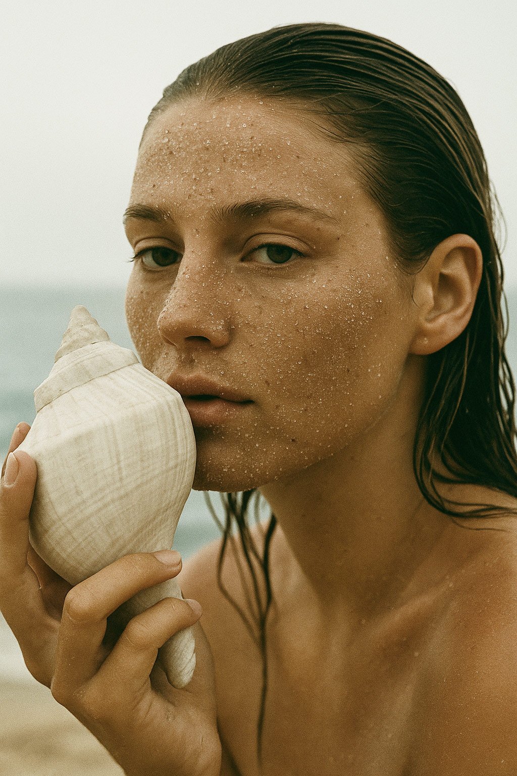A woman with wet hair and water droplets on her face holding a large seashell to her cheek.