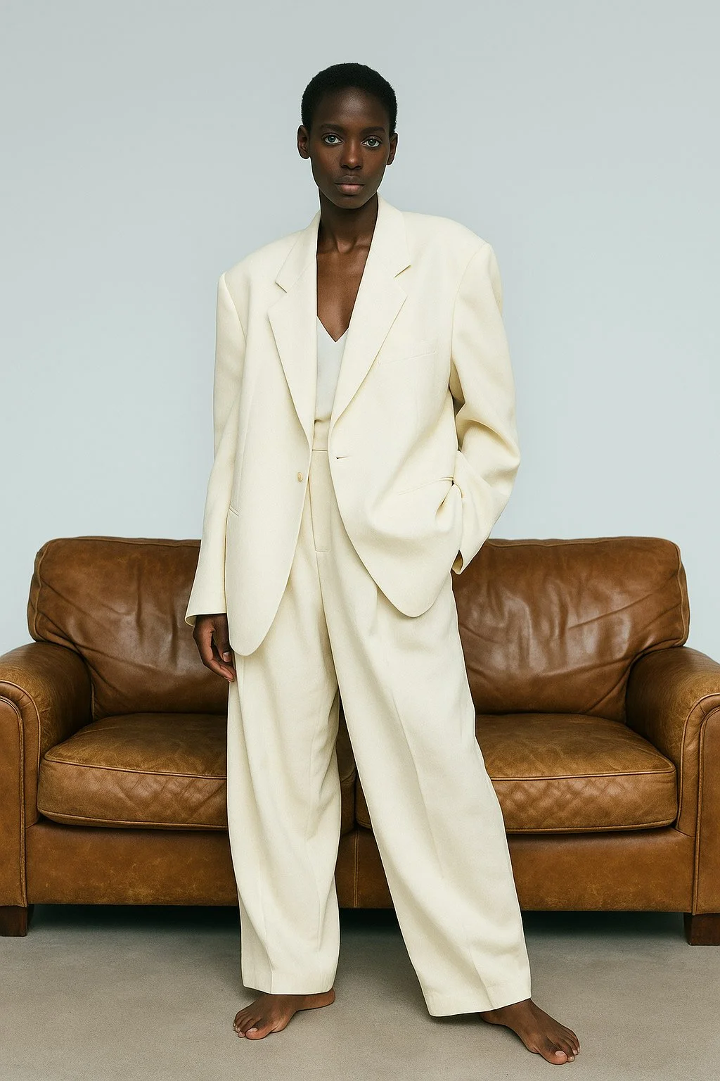 A woman with dark skin and short black hair standing in front of a brown leather sofa against a plain light grey wall, wearing a cream-colored oversized suit with her left hand in her pocket.