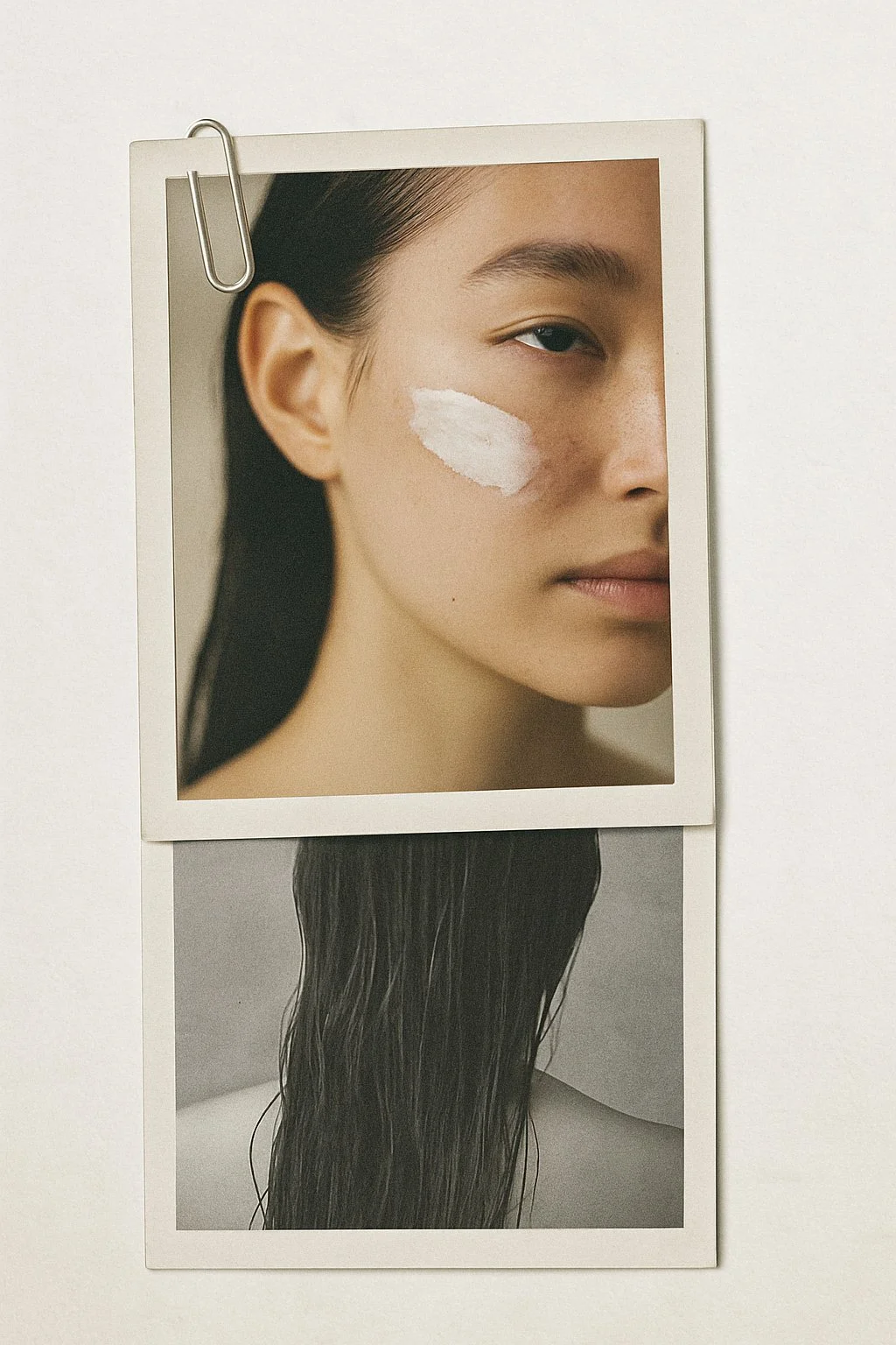 Close-up of a photograph of a woman with a white skincare mask on her cheek, clipped to a white wall with a paper clip, with a black-and-white photograph of wet hair below it.