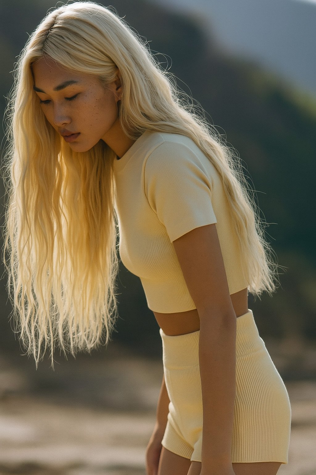 A young woman with long blonde hair, wearing a yellow fitted crop top and matching shorts, looking downward outdoors.