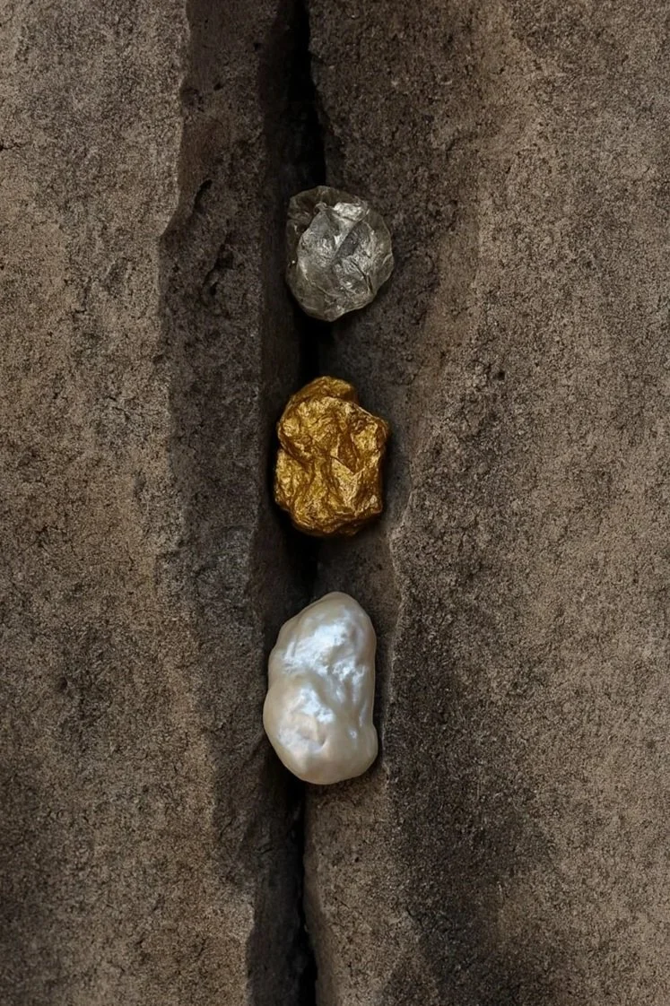 Three irregularly shaped objects, silver, gold, and white, embedded in a crack in rough brown stone surface