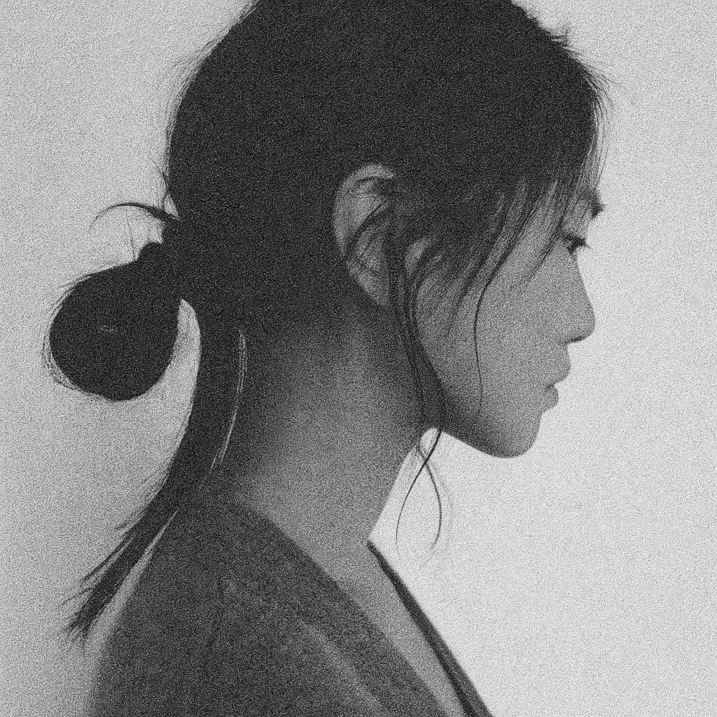 A side profile of a woman with dark hair tied in a bun, with loose strands, wearing a top with a floral pattern, in black and white.
