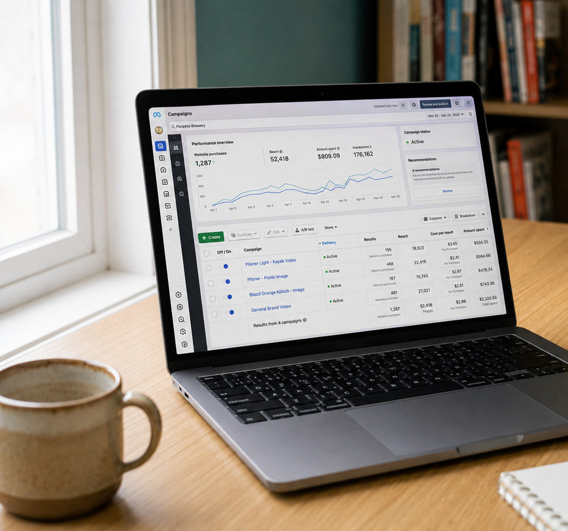 Laptop displaying marketing campaign analytics on a wooden desk with a ceramic mug nearby.