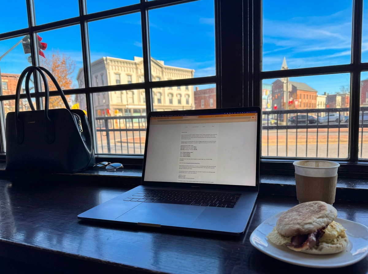 A workspace scene showing a laptop, a paper bag coffee cup, and a breakfast sandwich on a white plate on a dark wooden table next to a window with a city view.