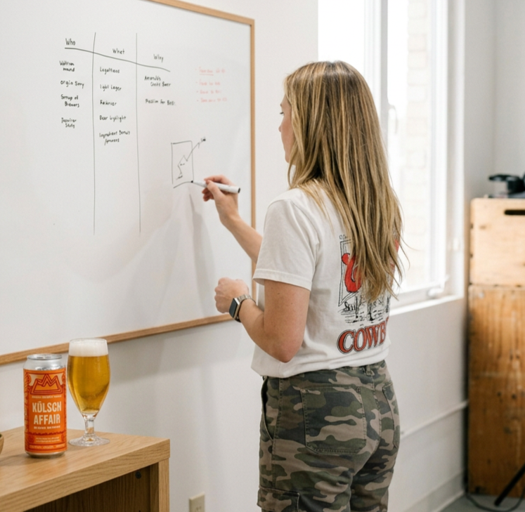 Woman with long blonde hair writing on a whiteboard in a casual room, with a beer glass and a can of Kölsch beer on a small wooden table beside her.