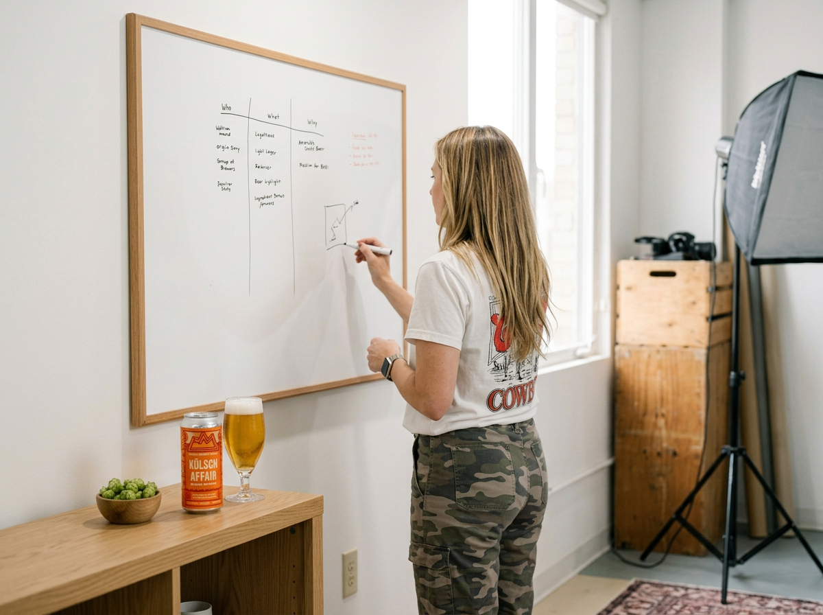 A woman with long blonde hair writing on a whiteboard in a room with a window, a wooden crate, a softbox light, and a table with a can of beer, a glass of beer, and a bowl of green grapes.