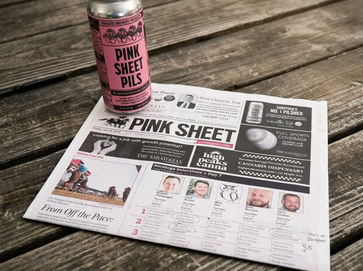 A newspaper titled 'PINK SHEET' on a wooden surface with a pink can of PINK SHEET PILS beer placed on top of it.