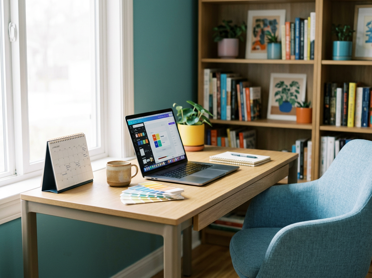 Home office desk with a laptop, blank notepad, colorful paint swatch, cup, calendar, and potted plants on a sunny windowsill, with a bookshelf containing books and framed artwork in the background.