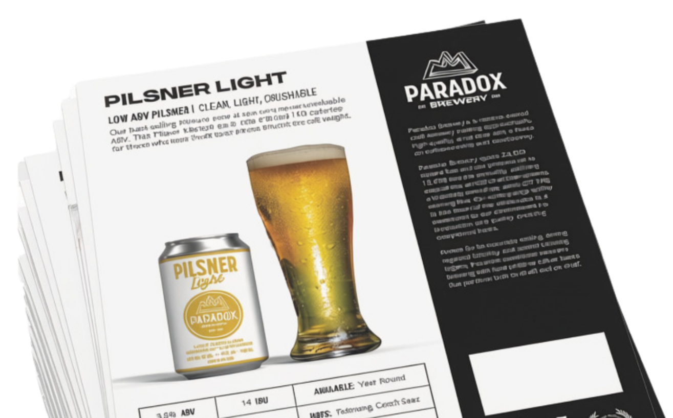 A stack of beer tasting flight sheets with a picture of a beer can and a glass of beer on one sheet, advertising Paradox Brewing's Pilsner Light, on a black and white background.